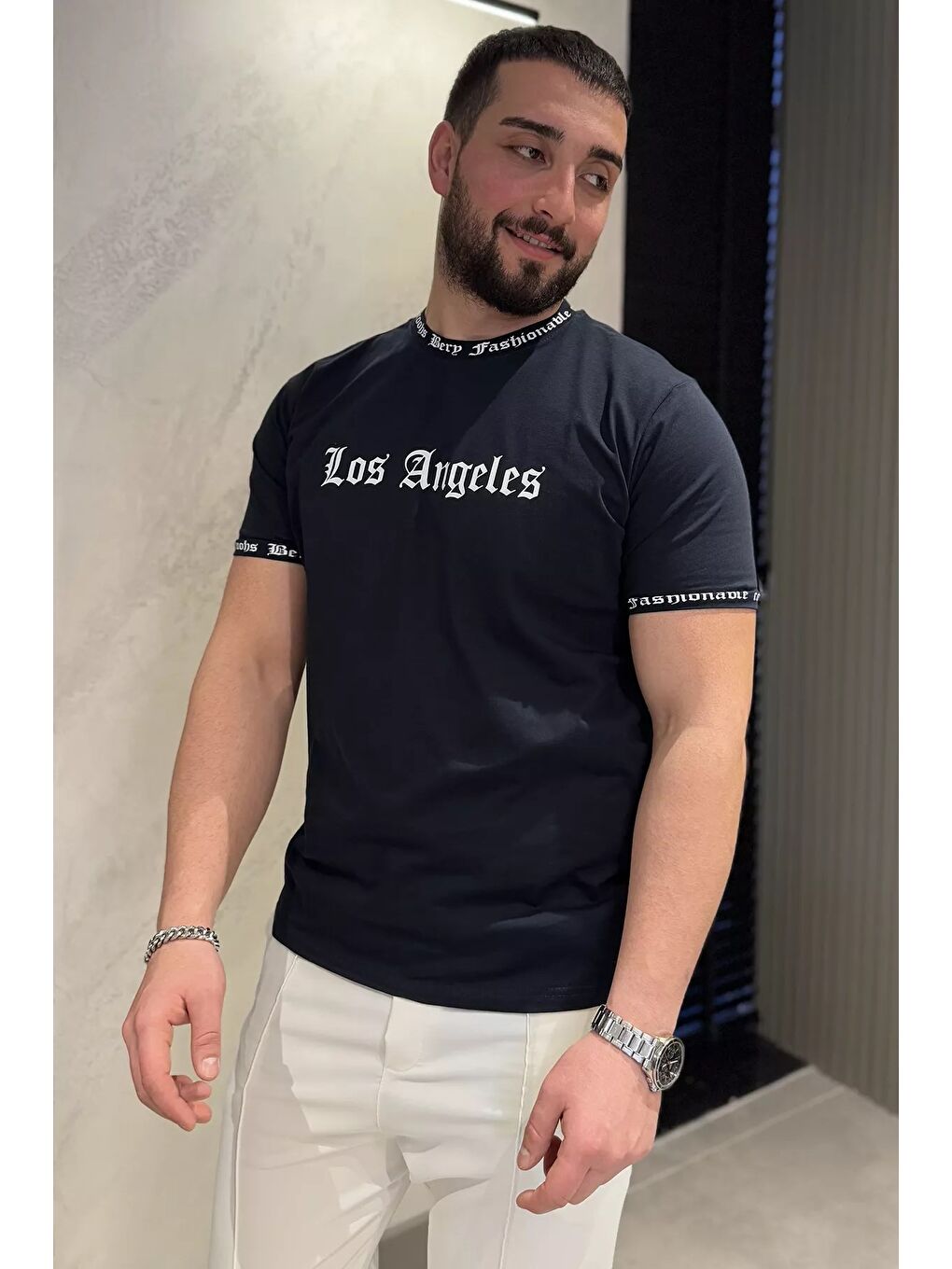 Lacivert Erkek Bisiklet Yaka Yazı Baskılı Tişört-1