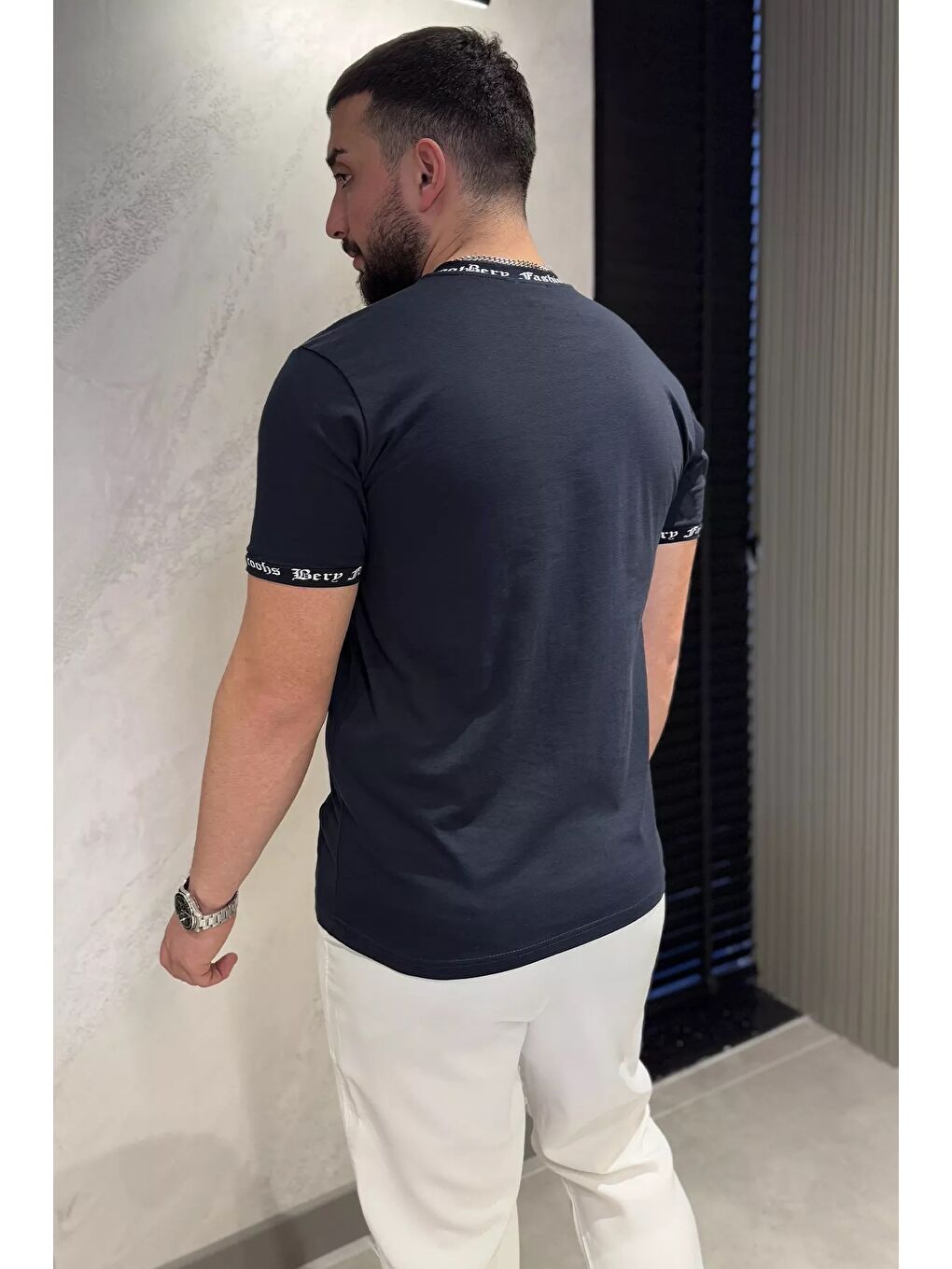 Lacivert Erkek Bisiklet Yaka Yazı Baskılı Tişört-2