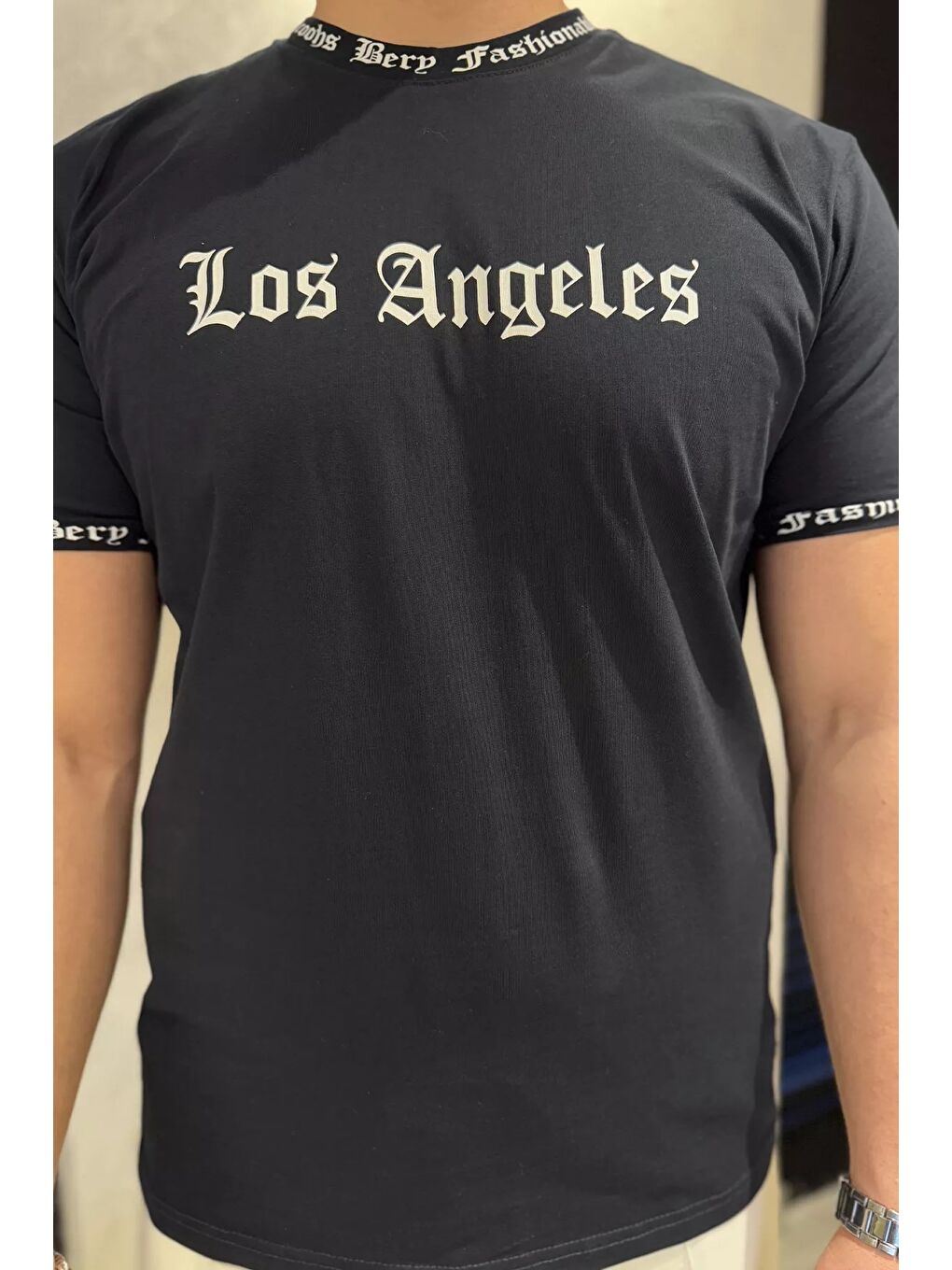 Lacivert Erkek Bisiklet Yaka Yazı Baskılı Tişört-3