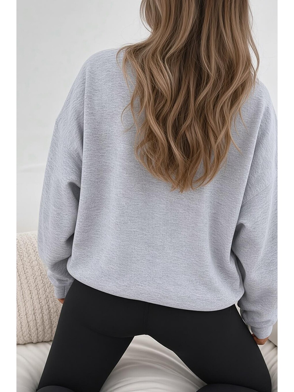 Gri Bs Salem Massachusetts Ön Baskılı Kadın Oversize Bisiklet Yaka Sweatshirt-2