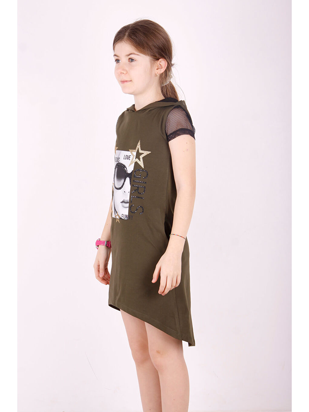 Haki Kız Çocuk Kapüşonlu Cepli Elbise-1