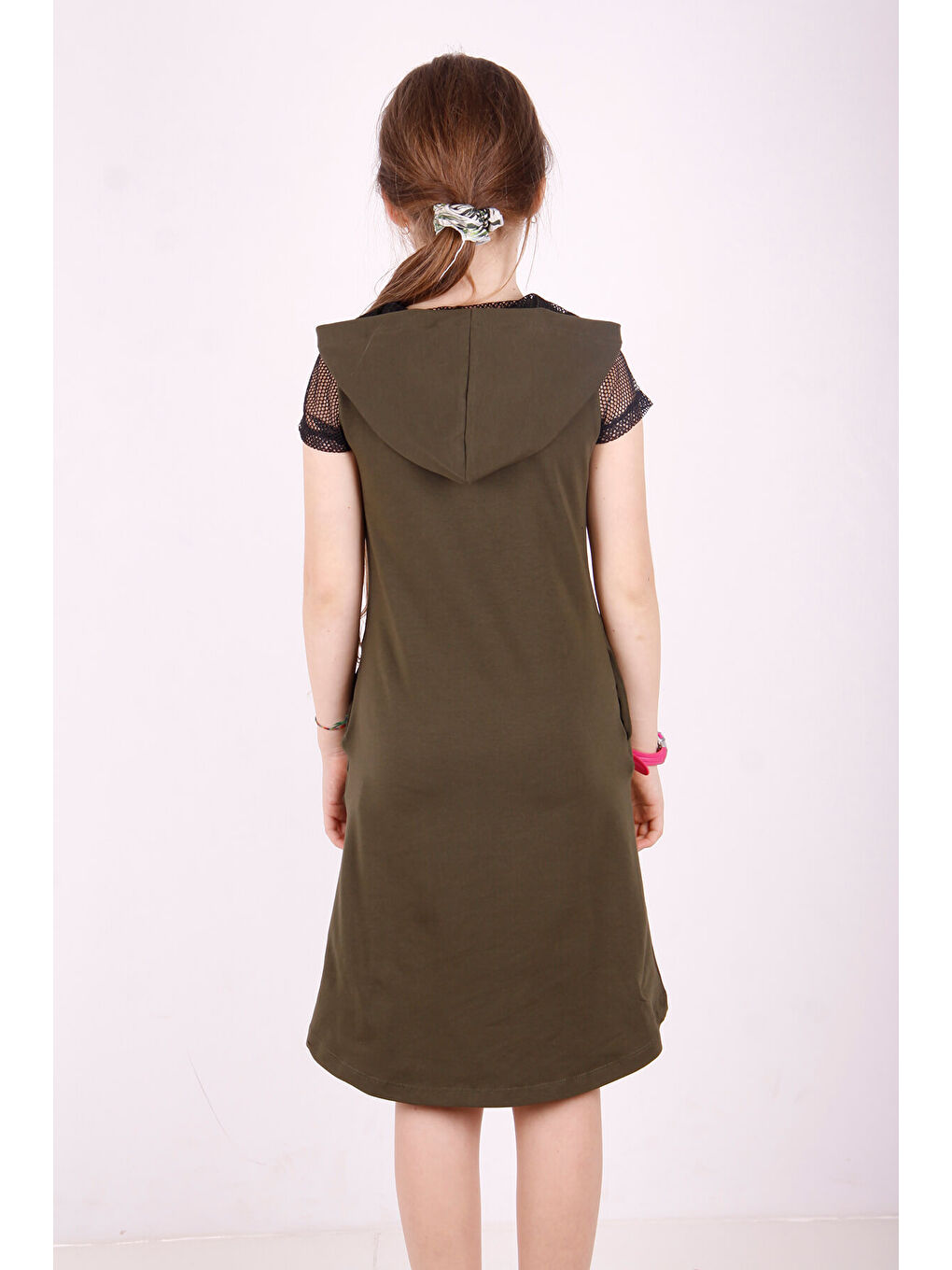 Haki Kız Çocuk Kapüşonlu Cepli Elbise-2