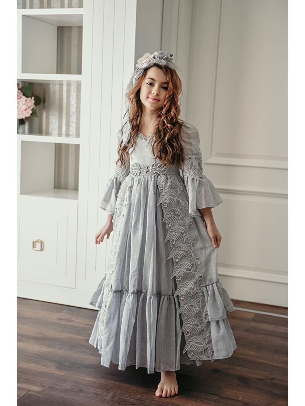Gri Özel Tasarım Uzun Kız Çocuk Abiye Elbise, Taç Aksesuarlı, Doğum Günü Elbisesi_M2050-1