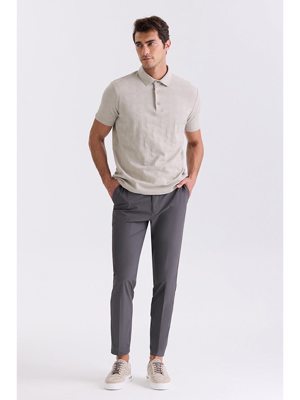 Bej Slim Fit Desenli Polo  Yaka T-Shirt-1