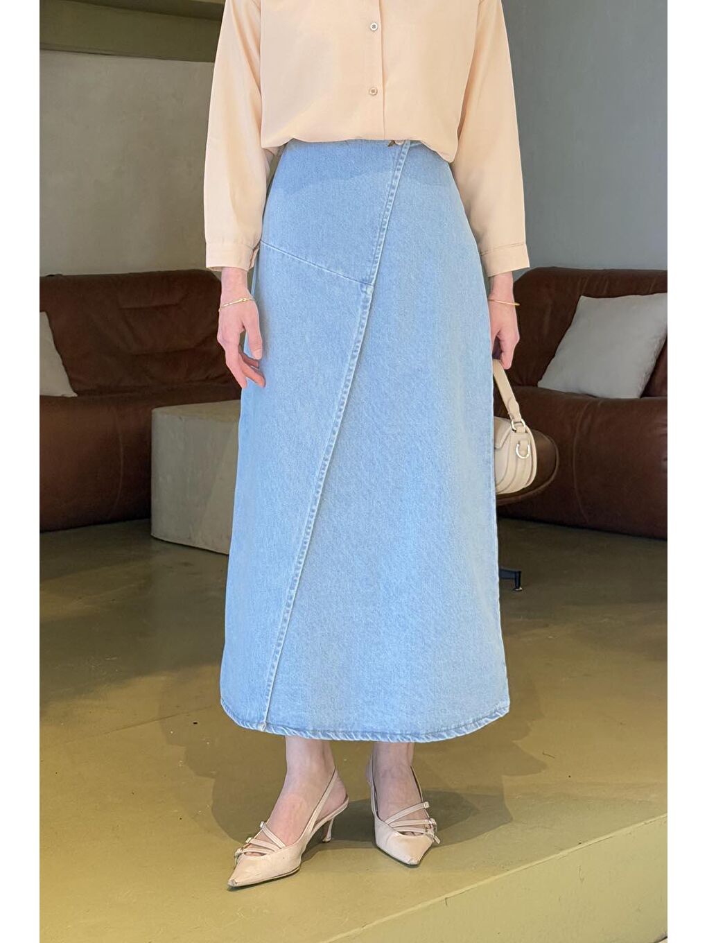 Kruvaze Kapama Tesettür Jean Etek Buz Mavisi