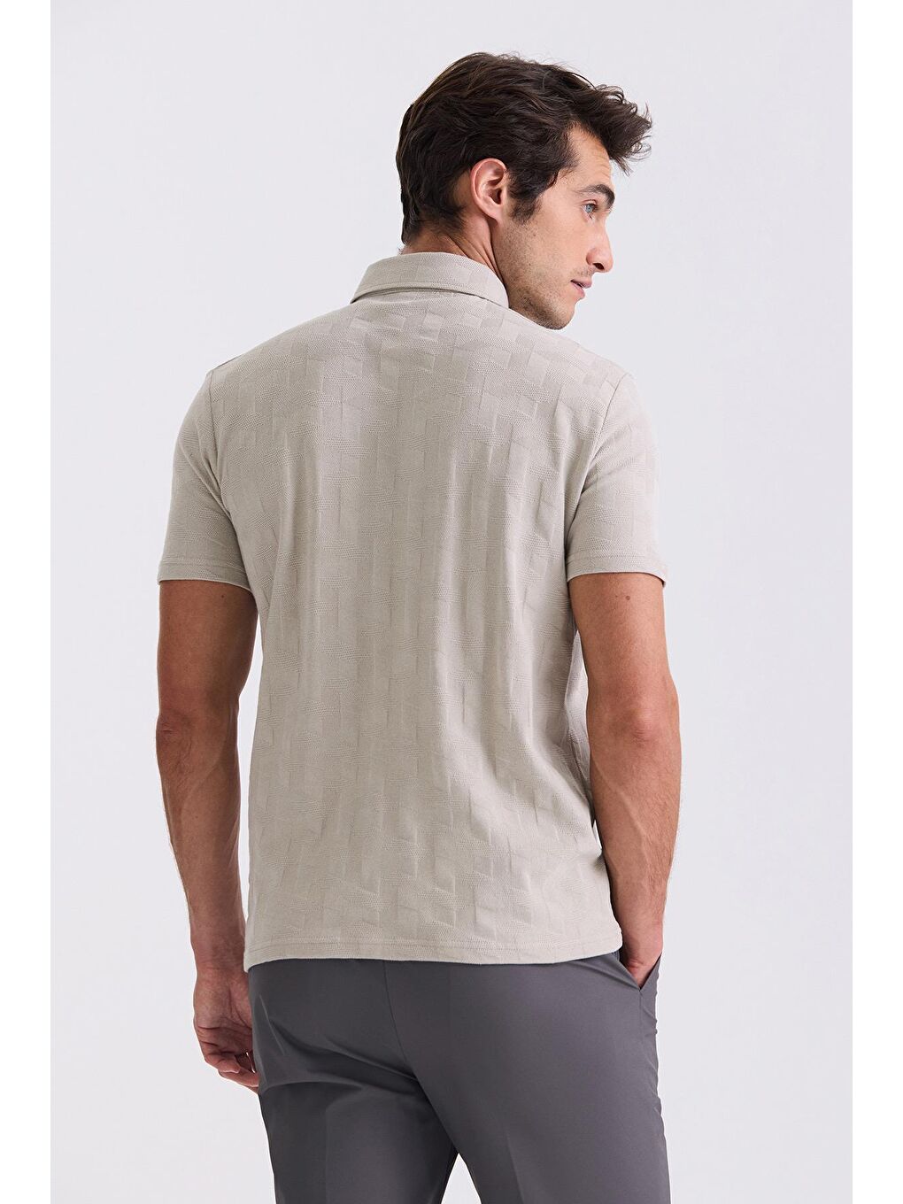 Bej Slim Fit Desenli Polo  Yaka T-Shirt-3