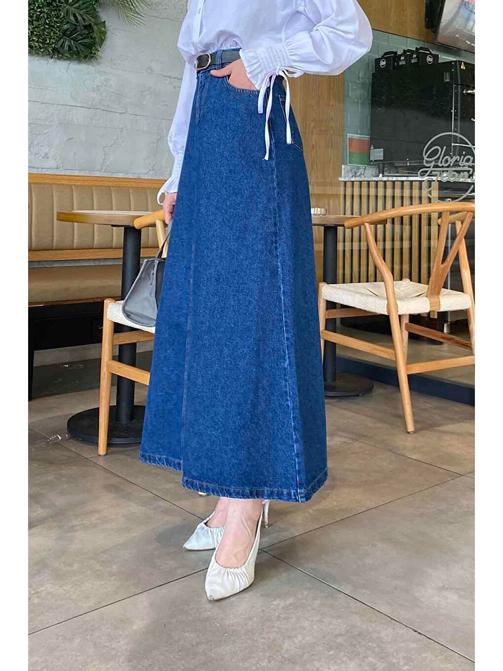 Önü Fermuarlı Jean Etek Koyu Mavi-1