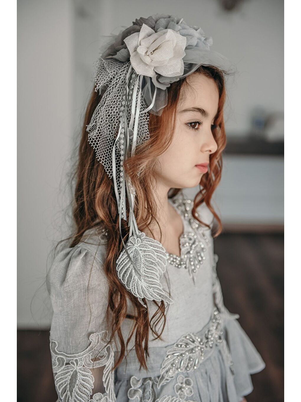 Gri Özel Tasarım Uzun Kız Çocuk Abiye Elbise, Taç Aksesuarlı, Doğum Günü Elbisesi_M2050-3