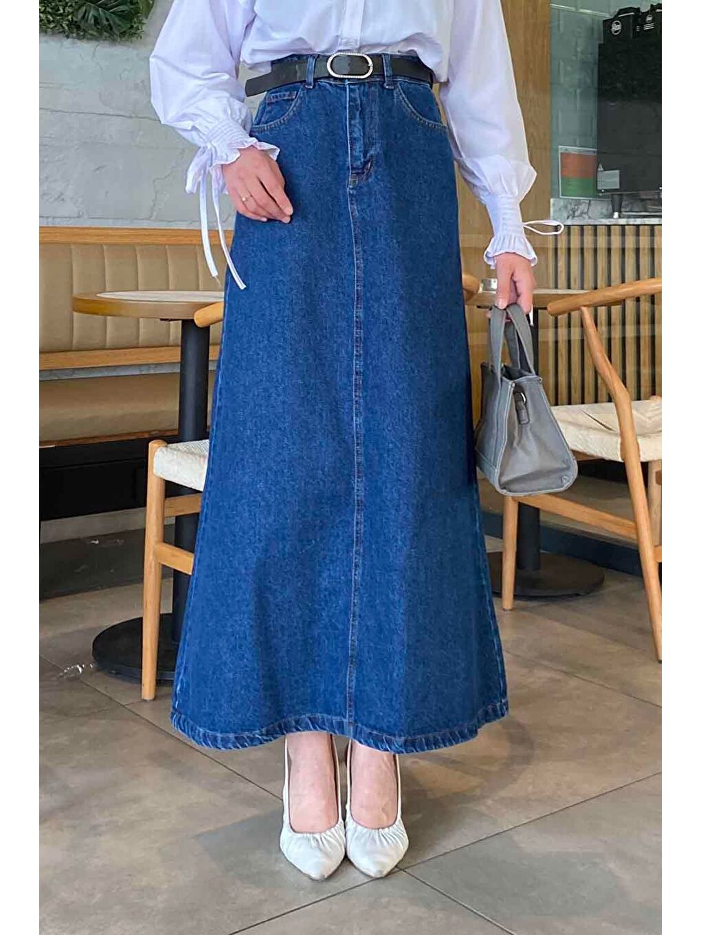 Önü Fermuarlı Jean Etek Koyu Mavi-2