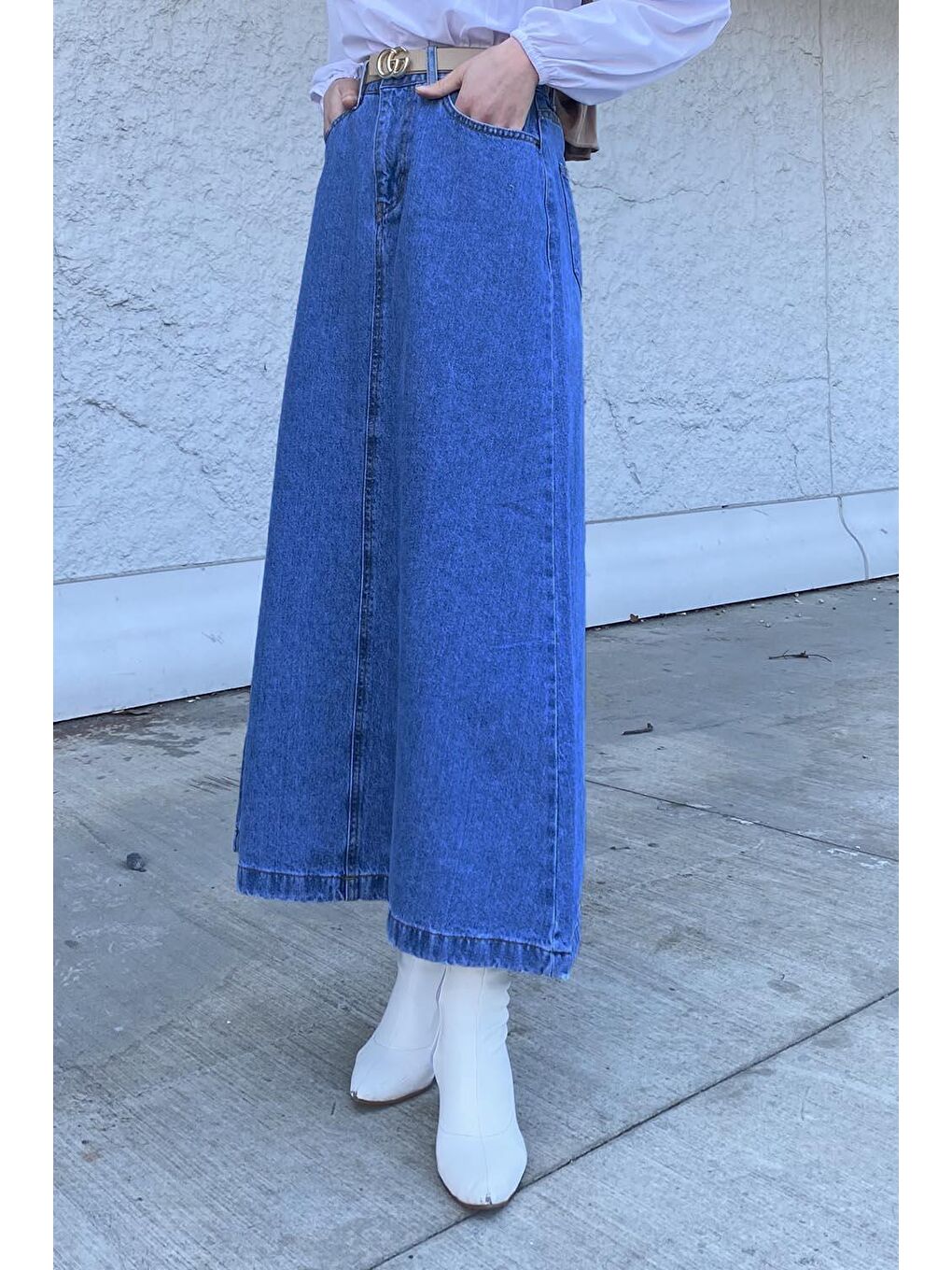 Önü Fermuarlı Jean Etek Açık Mavi-1