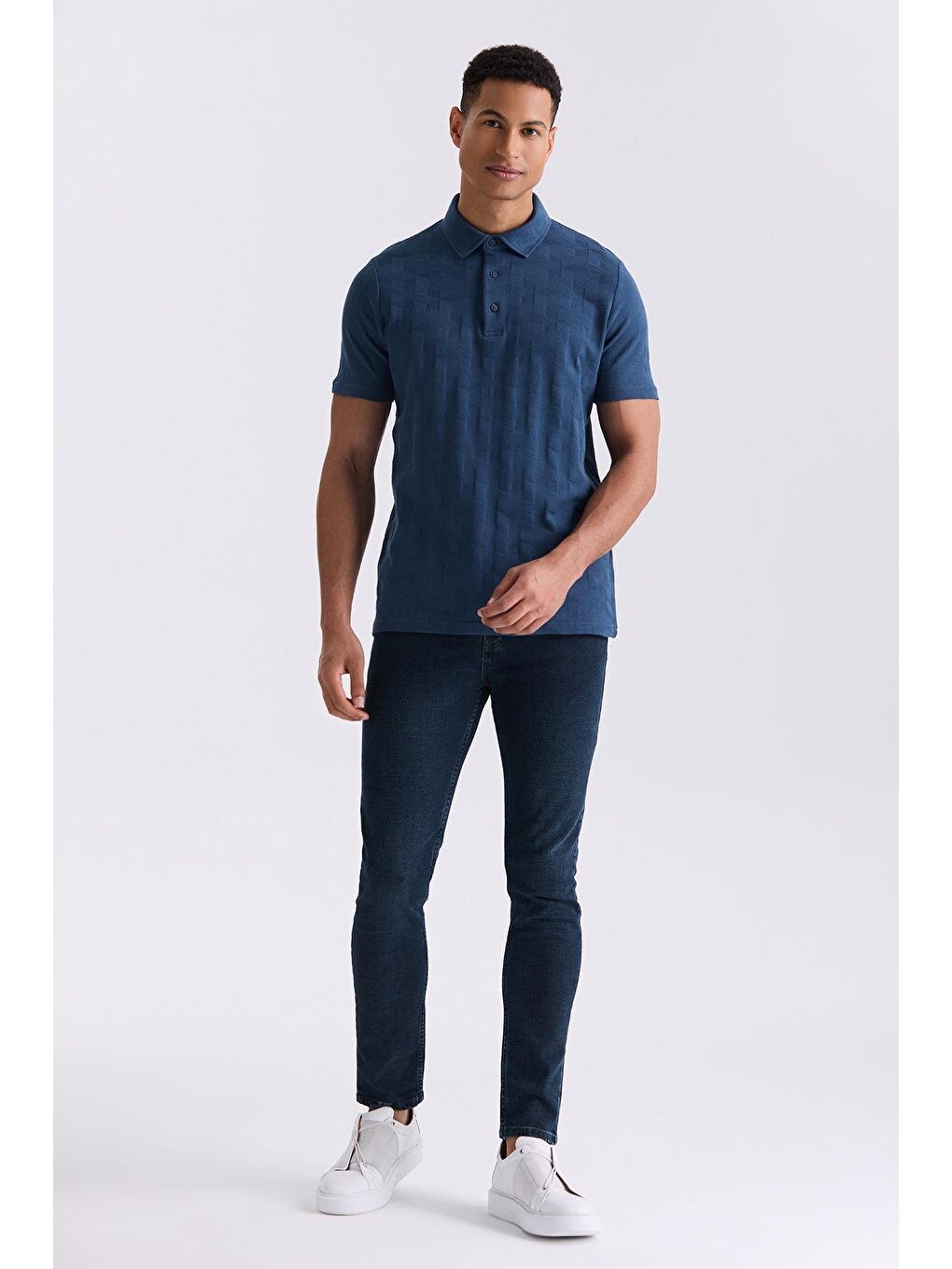 Lacivert Slim Fit Desenli Polo Yaka T-Shirt-1