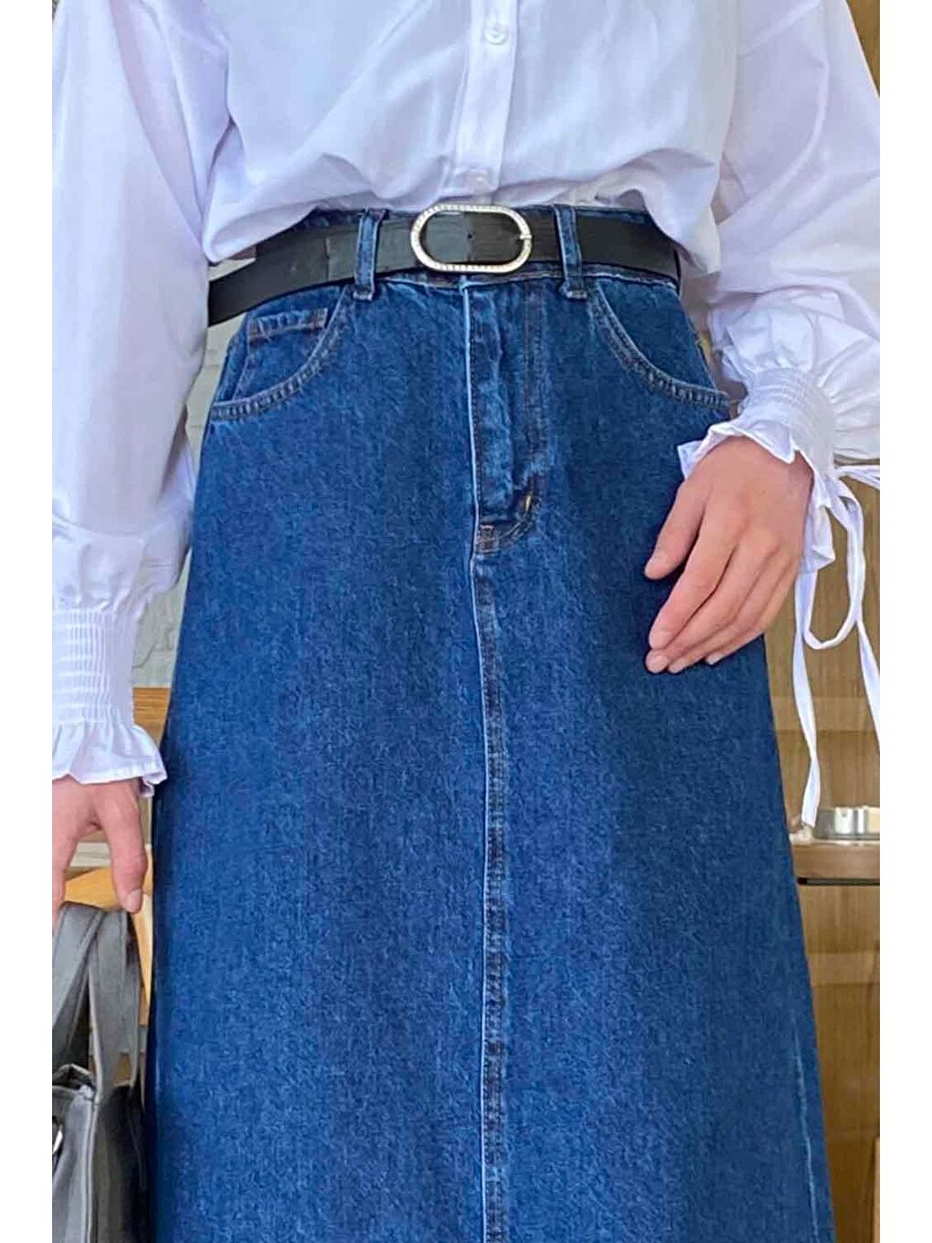 Önü Fermuarlı Jean Etek Koyu Mavi-3
