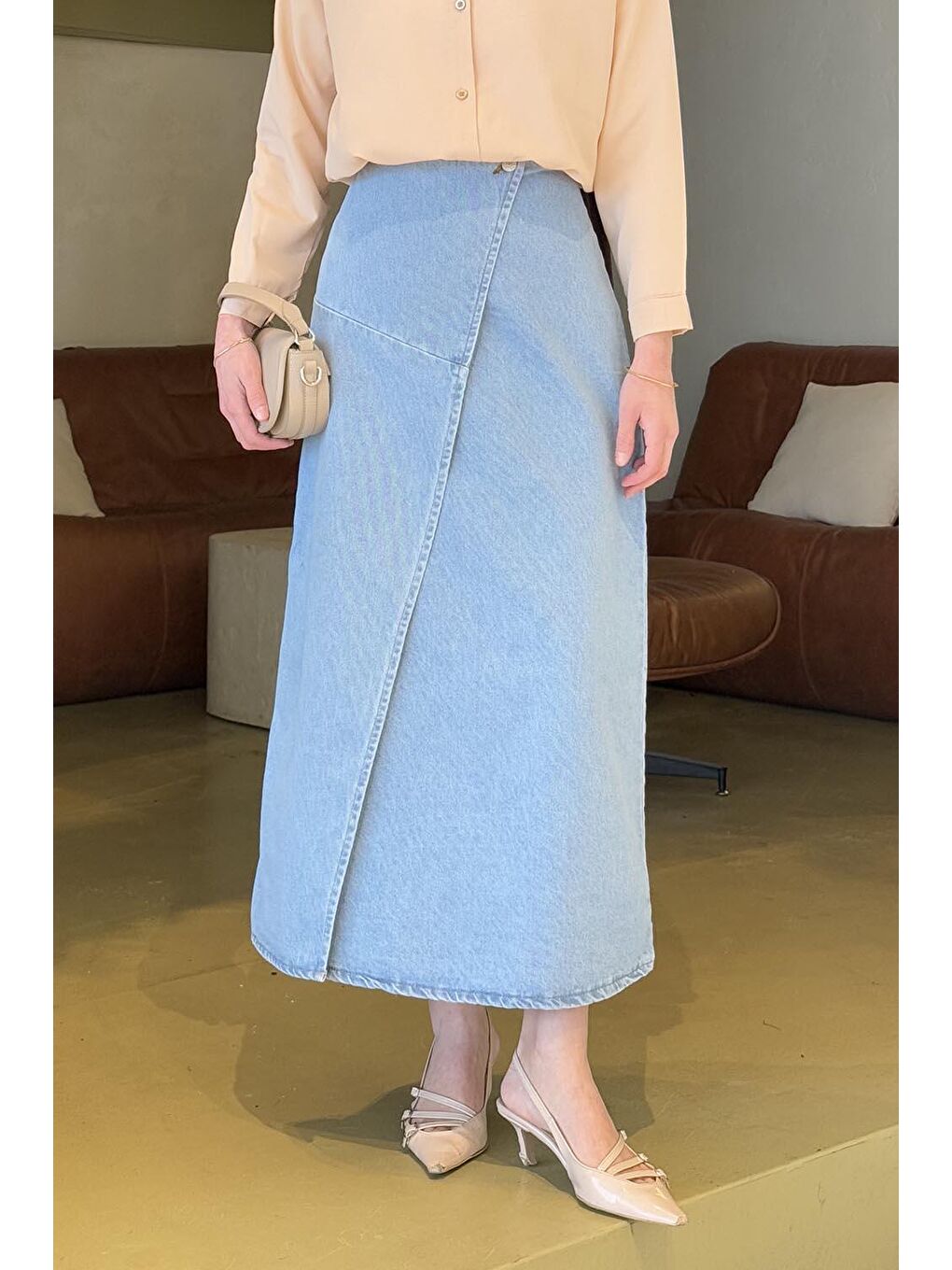 Kruvaze Kapama Tesettür Jean Etek Buz Mavisi-2