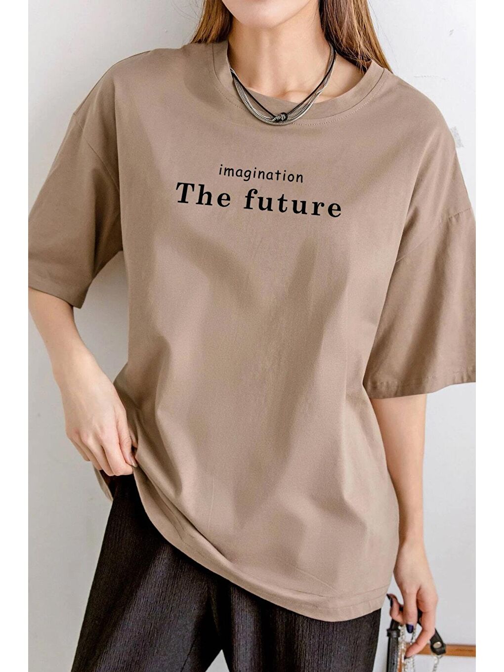 uyguntarz Bej Unisex The Future Baskılı Oversize T-shirt