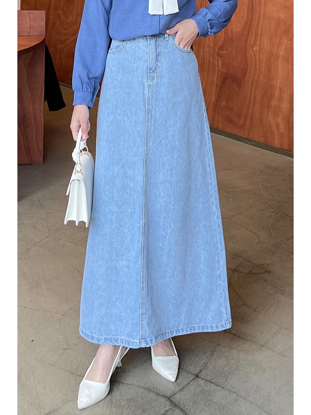 Önü Fermuarlı Jean Etek Buz Mavisi 2