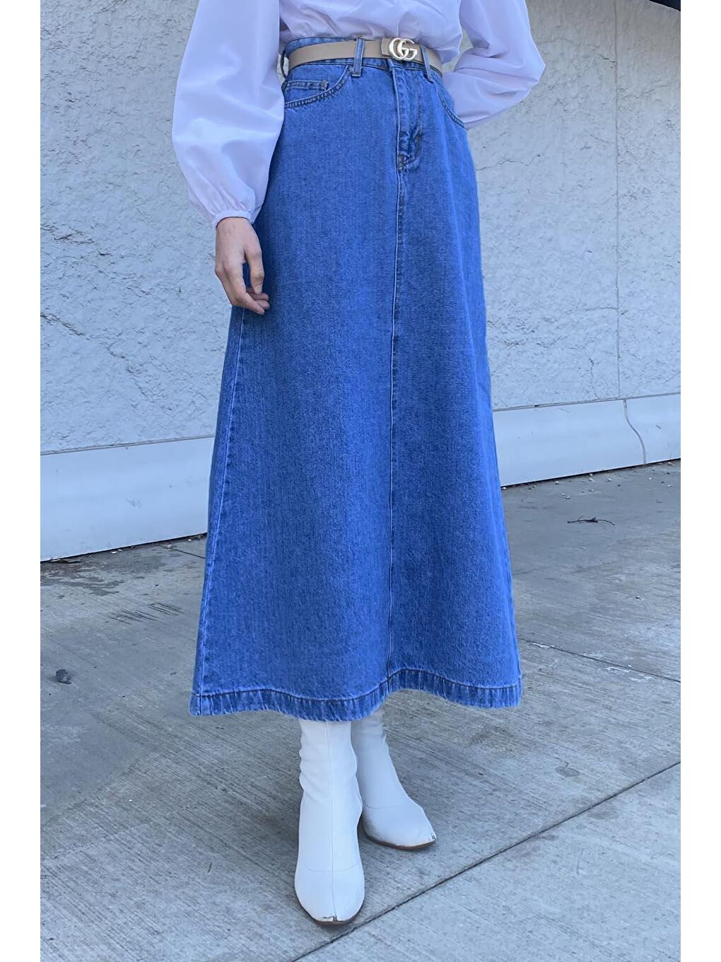 Önü Fermuarlı Jean Etek Açık Mavi-2