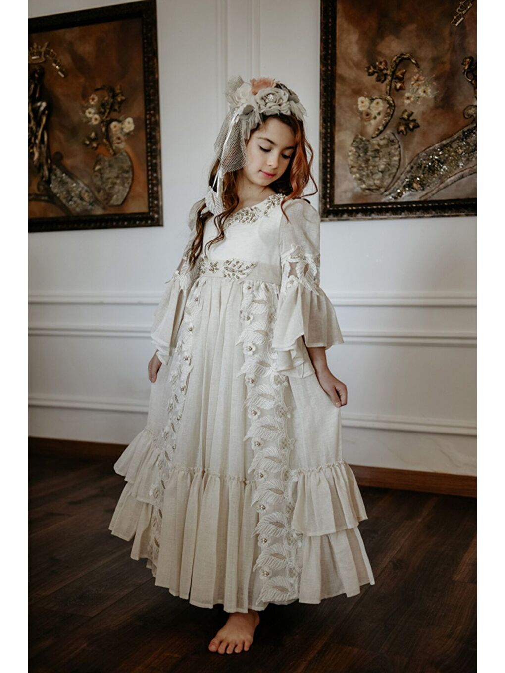 Ekru Özel Tasarım Uzun Kız Çocuk Abiye Elbise, Taç Aksesuarlı, Doğum Günü Elbisesi_M2050-2