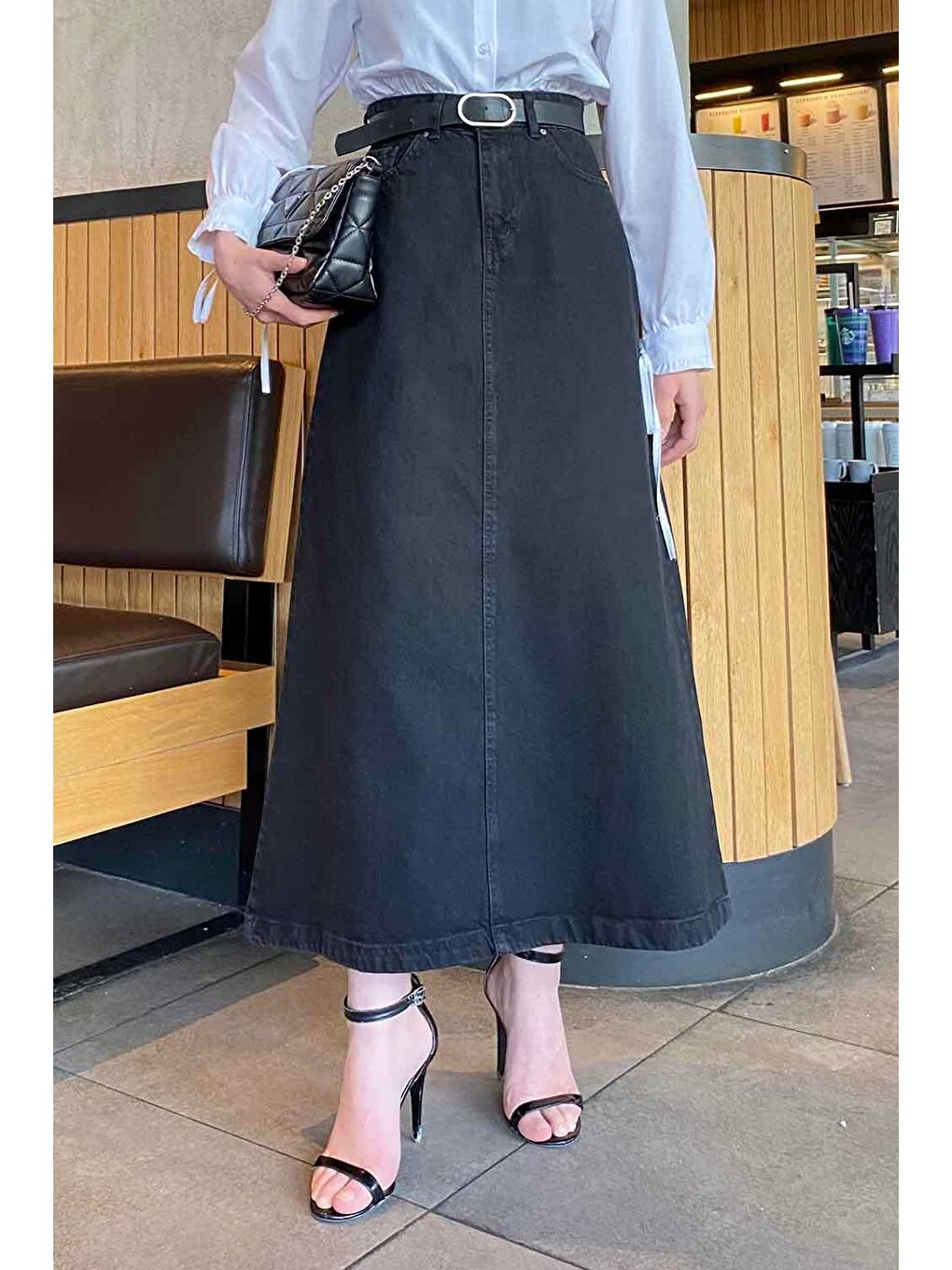 Gri Önü Fermuarlı Jean Etek Füme