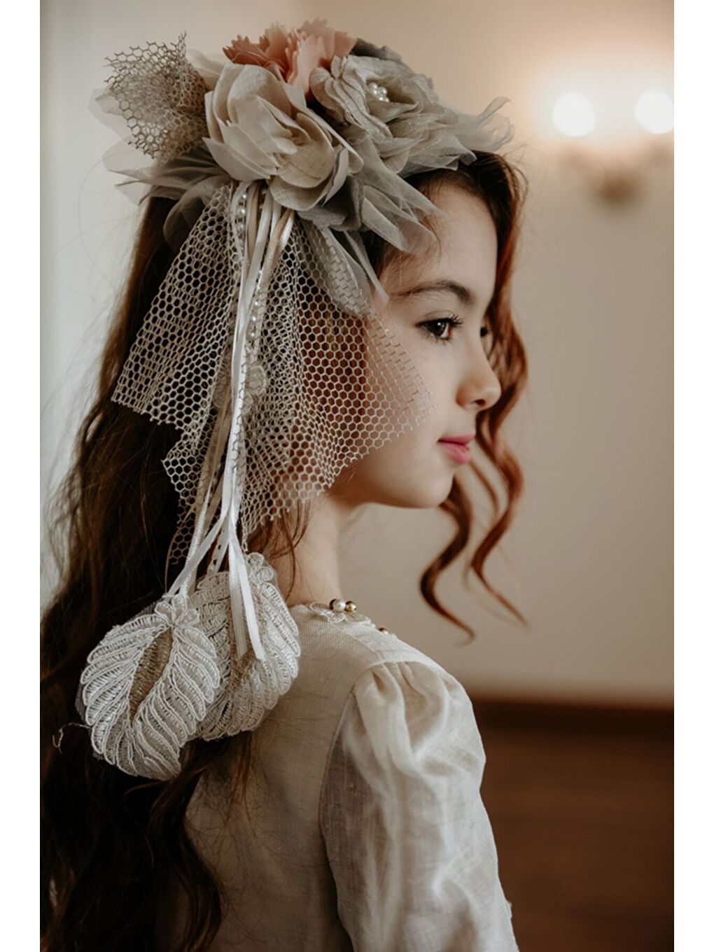 Ekru Özel Tasarım Uzun Kız Çocuk Abiye Elbise, Taç Aksesuarlı, Doğum Günü Elbisesi_M2050-3