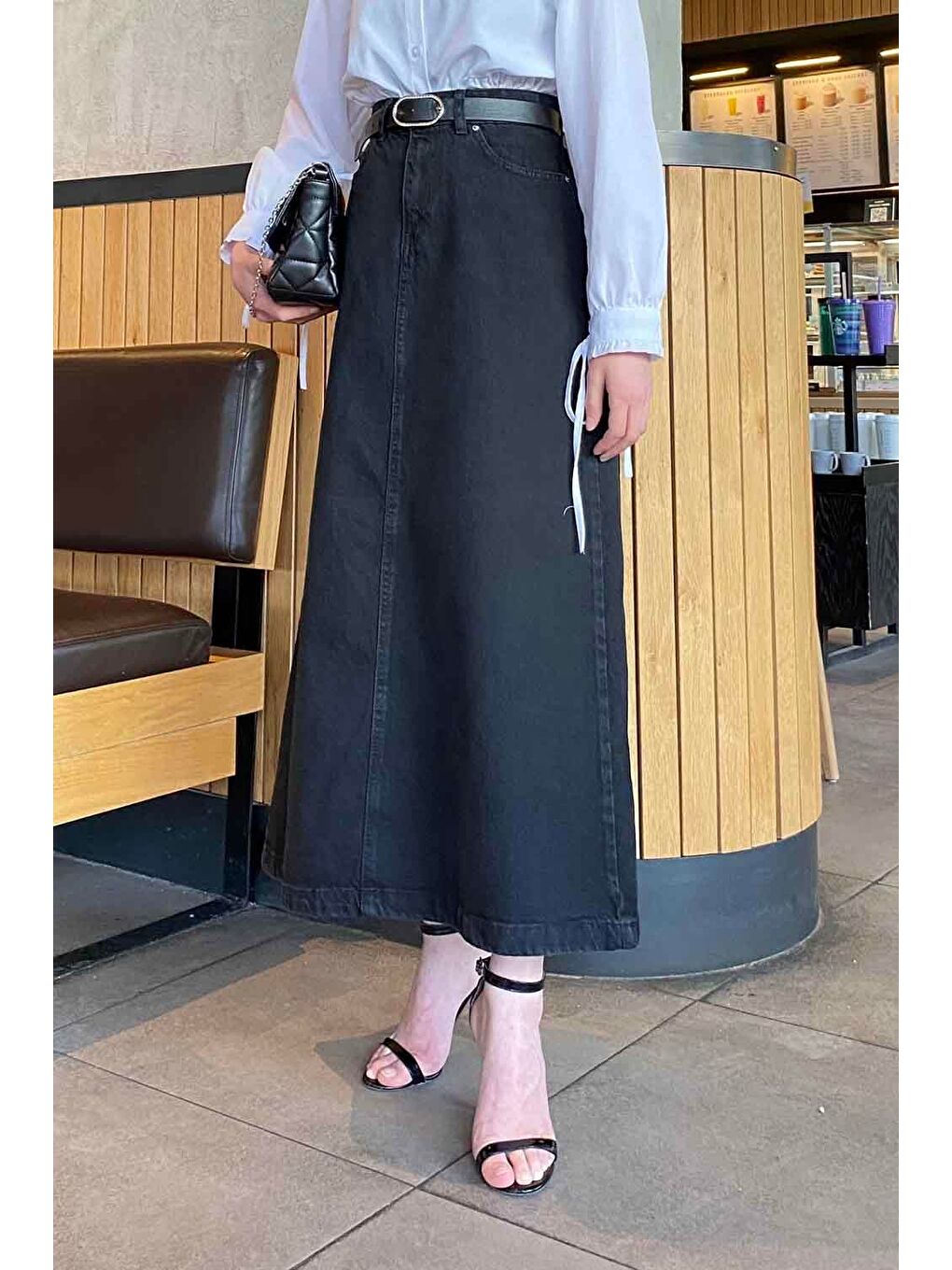 Gri Önü Fermuarlı Jean Etek Füme-2