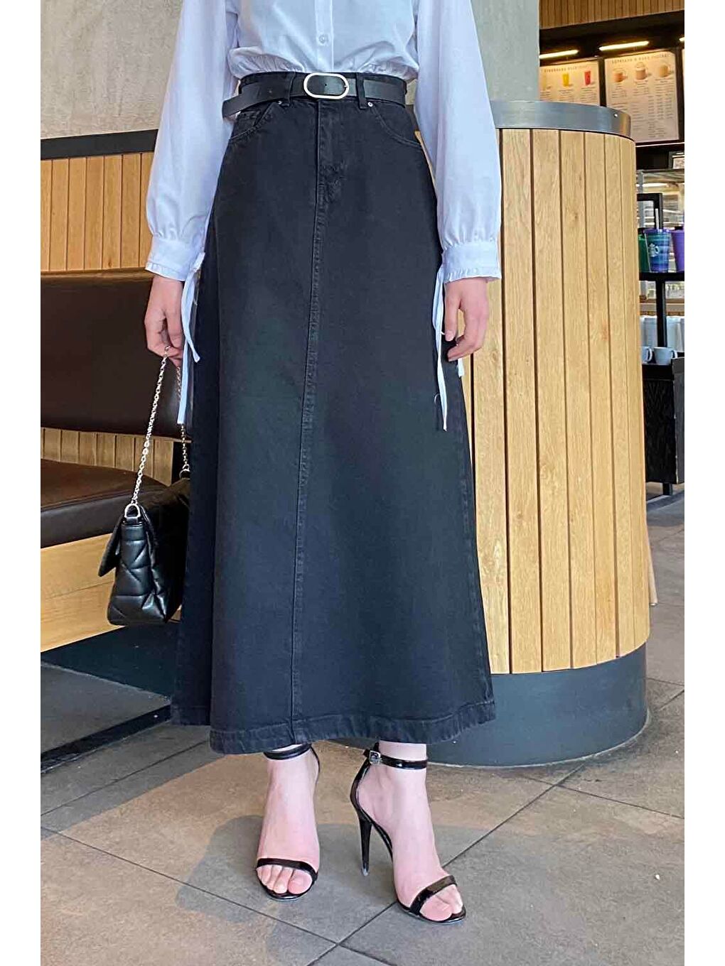 Gri Önü Fermuarlı Jean Etek Füme-3