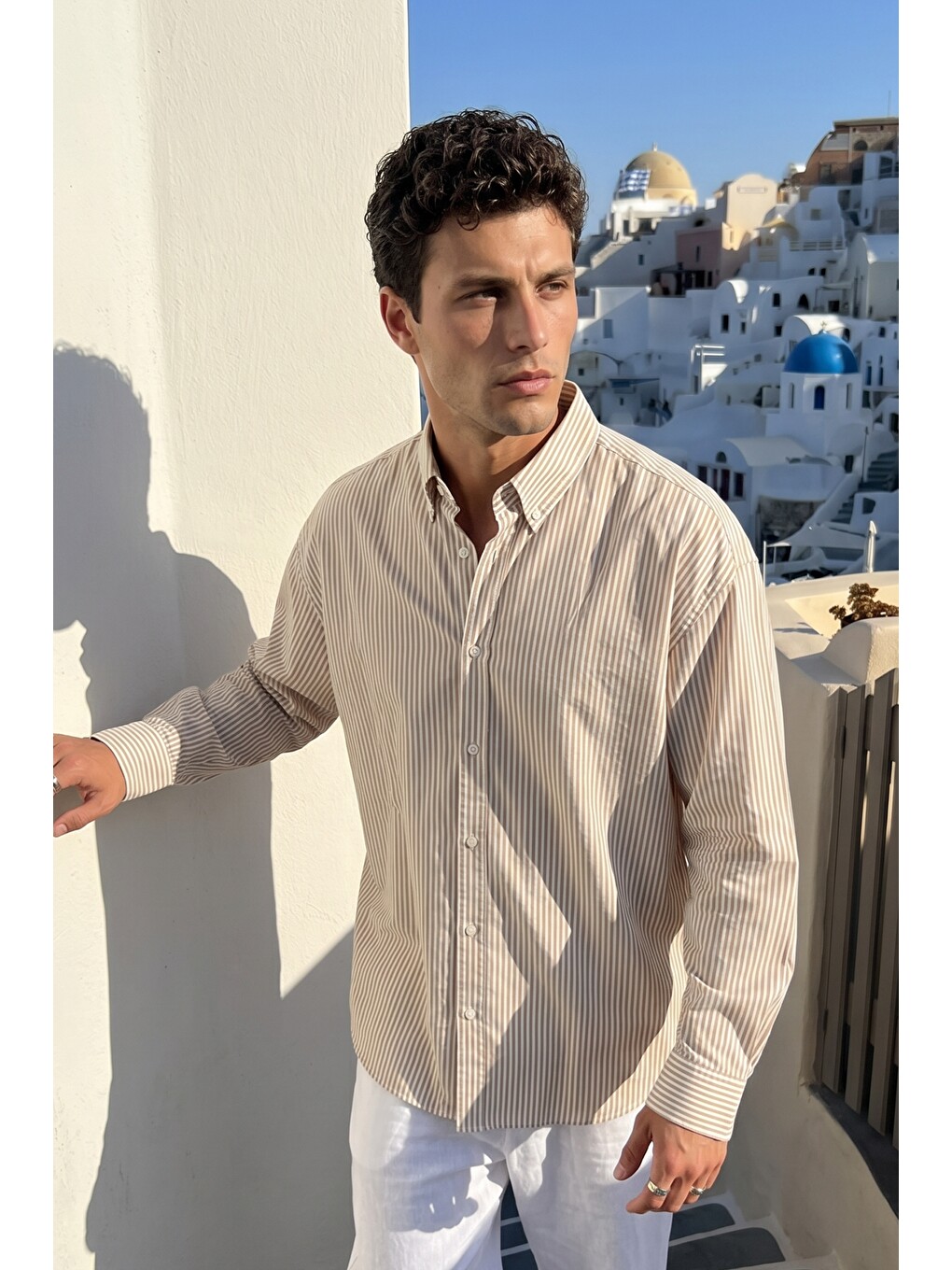 Bej Arin %100 Pamuk Keten Dokulu Çizgili Oversize Erkek Gömlek-4