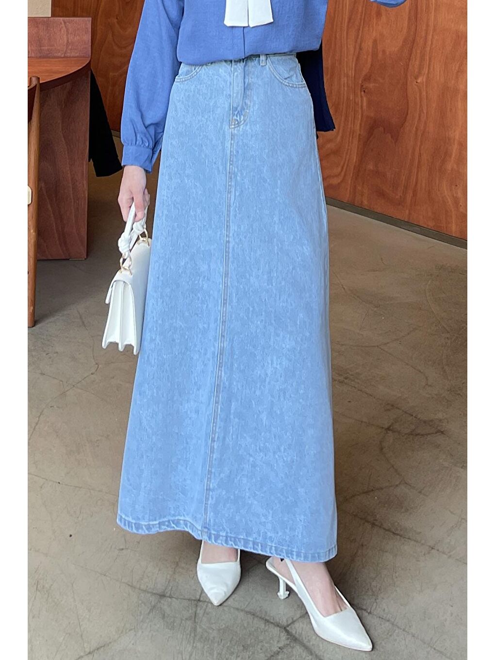 Önü Fermuarlı Jean Etek Buz Mavisi 2-3
