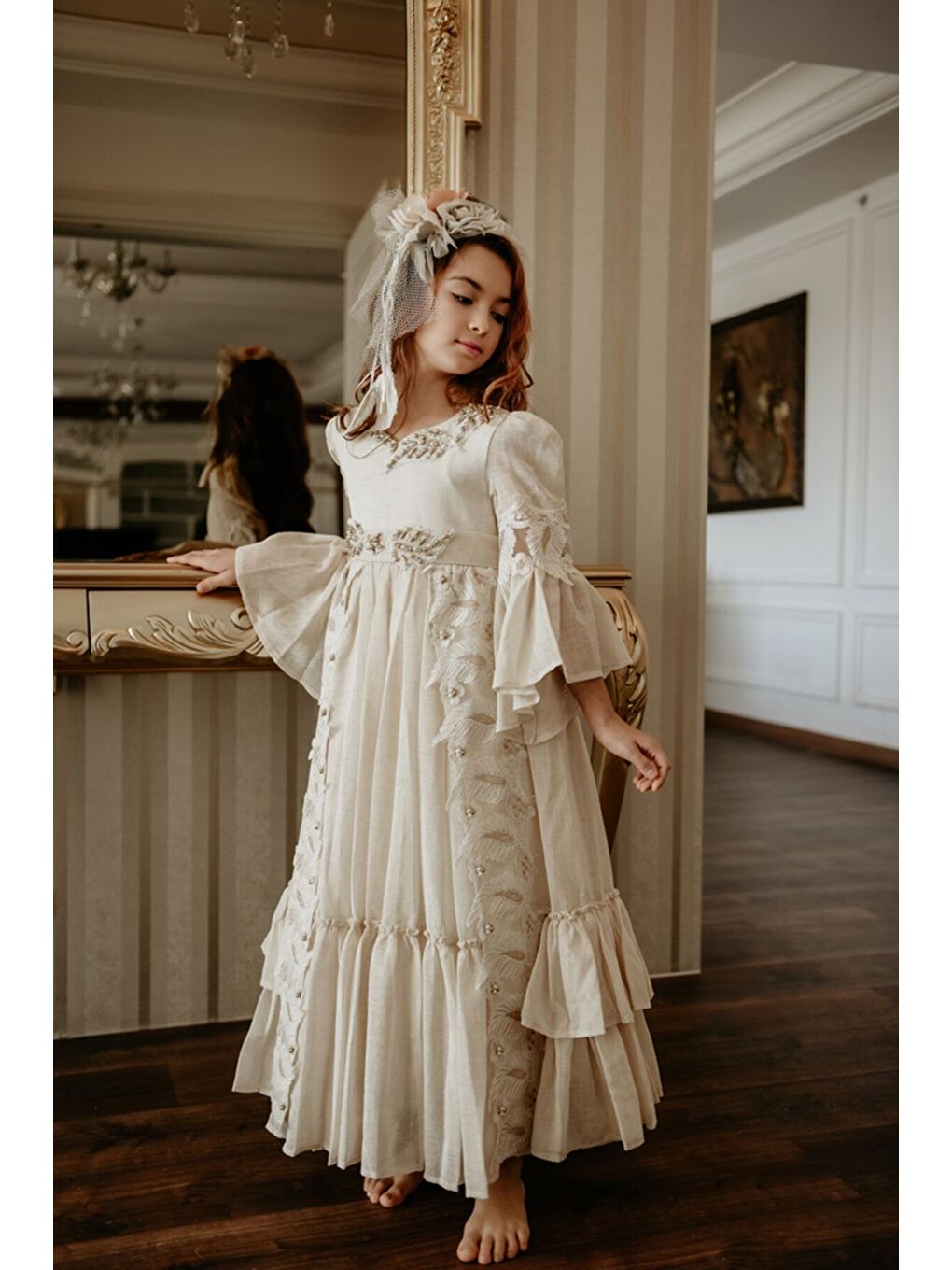 Ekru Özel Tasarım Uzun Kız Çocuk Abiye Elbise, Taç Aksesuarlı, Doğum Günü Elbisesi_M2050-4