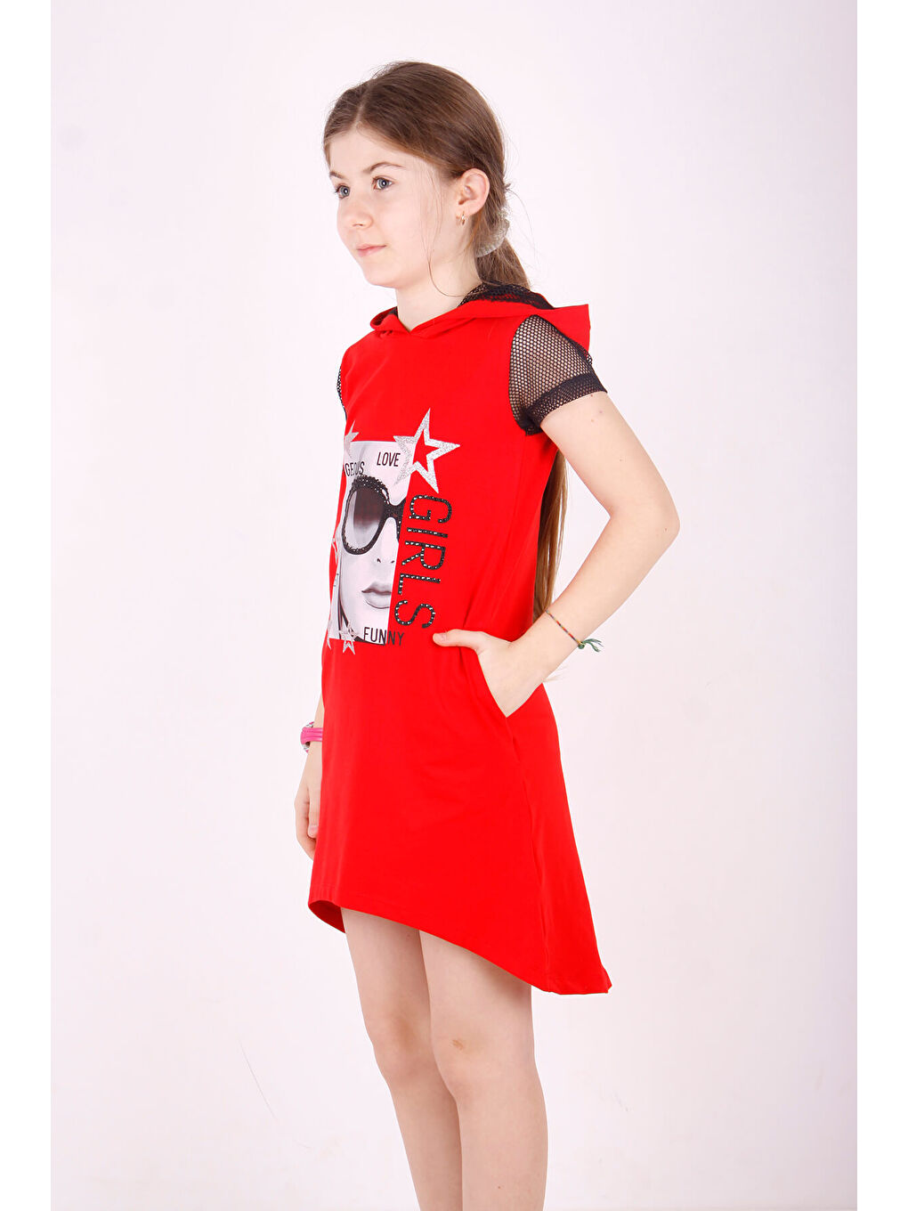 Kırmızı Kız Çocuk Kapüşonlu Cepli Elbise-1