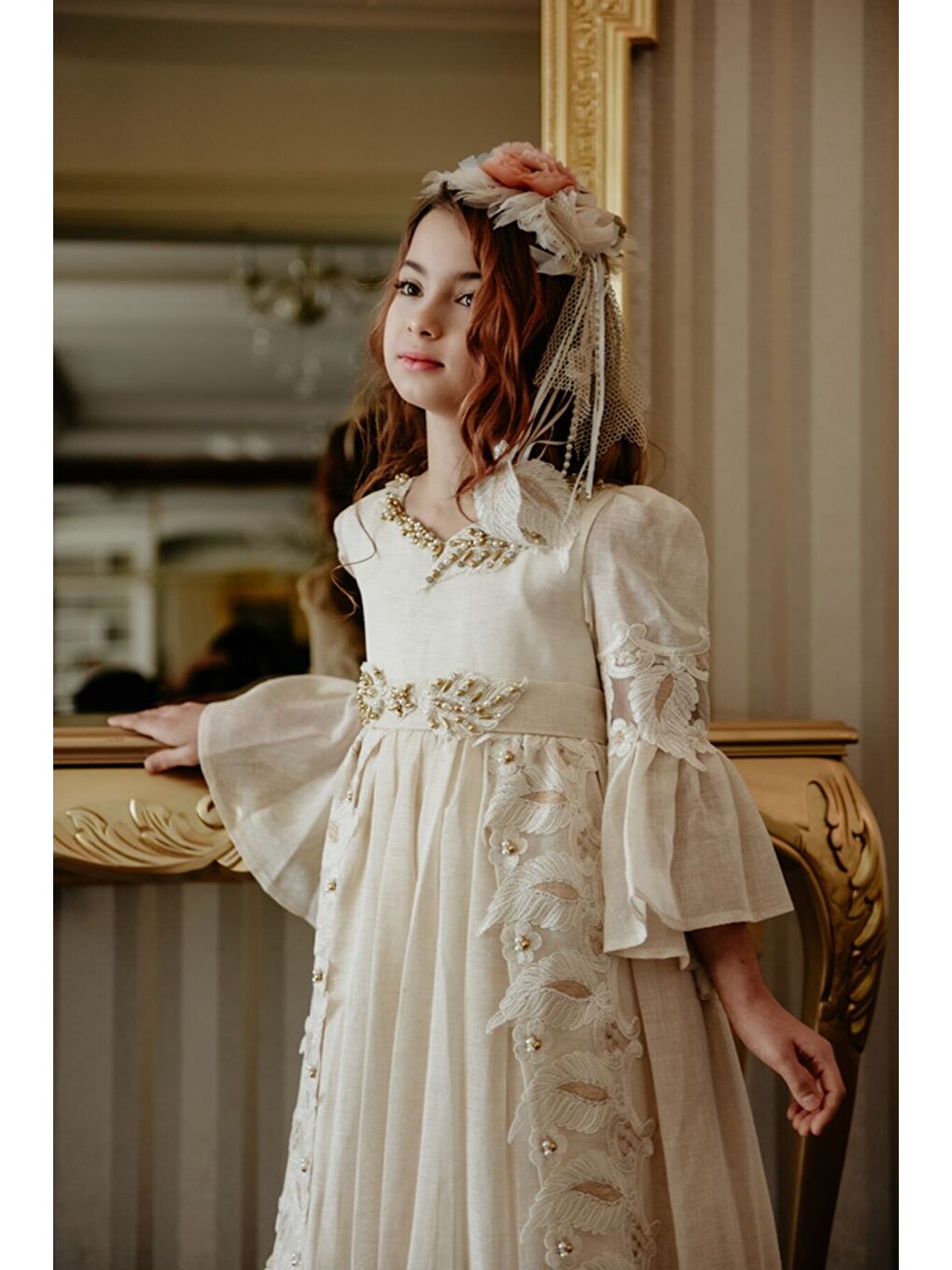 Ekru Özel Tasarım Uzun Kız Çocuk Abiye Elbise, Taç Aksesuarlı, Doğum Günü Elbisesi_M2050-5