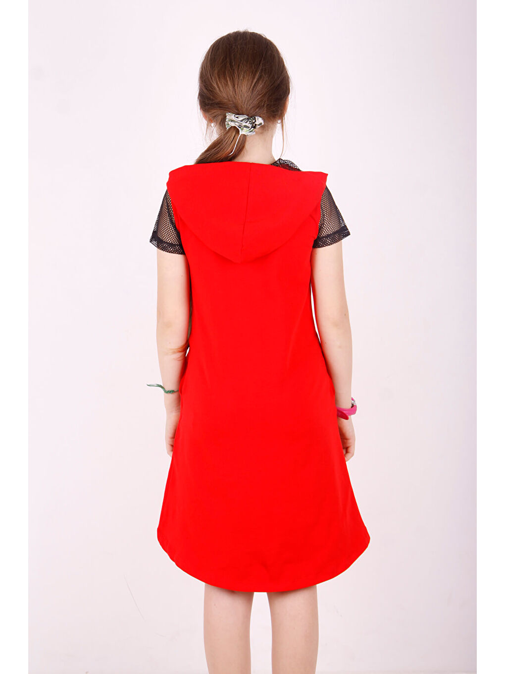 Kırmızı Kız Çocuk Kapüşonlu Cepli Elbise-5