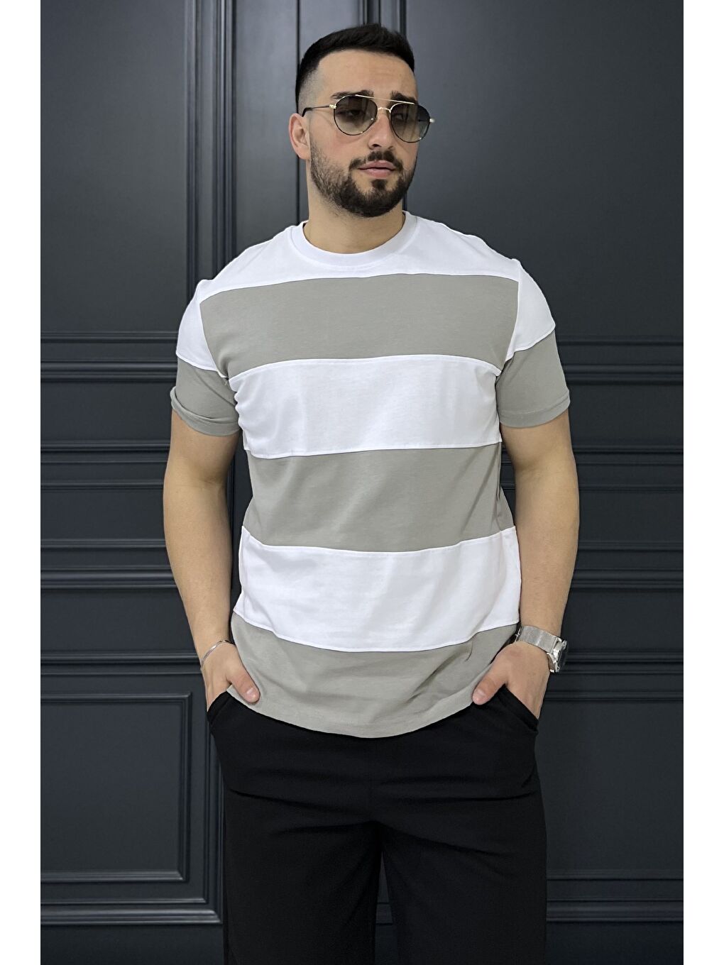 Beyaz Bisiklet Yaka Parçalı Erkek Tişört