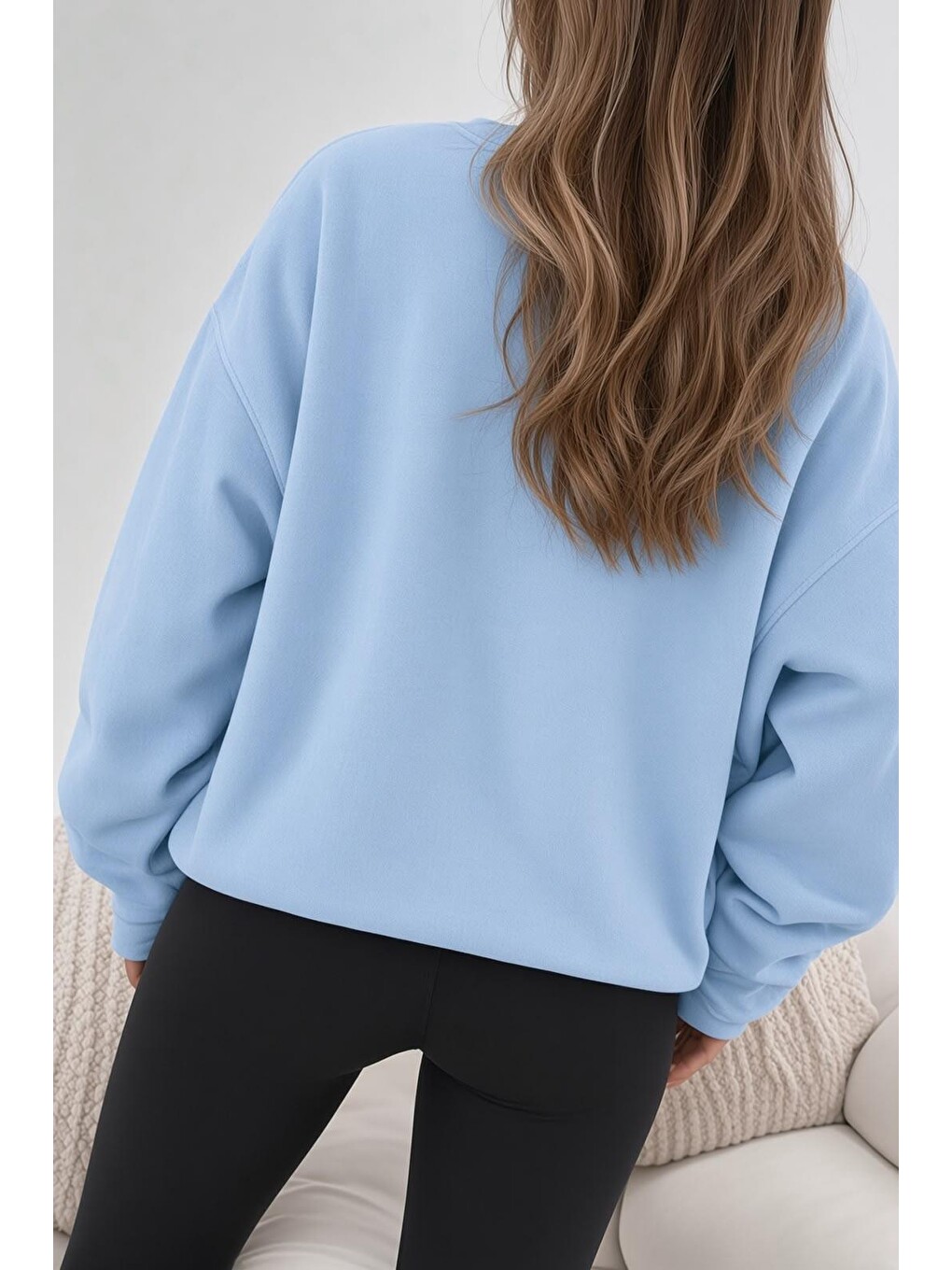 Turkuaz Bs Salem Massachusetts Ön Baskılı Kadın Oversize Bisiklet Yaka Sweatshirt-1