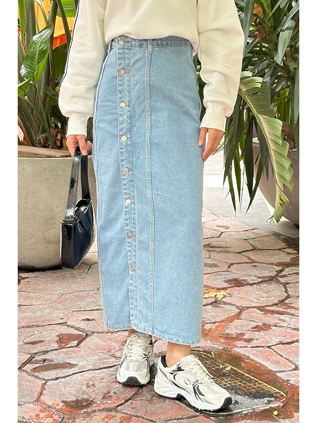 Düğmeli Jean Etek Buz Mavisi