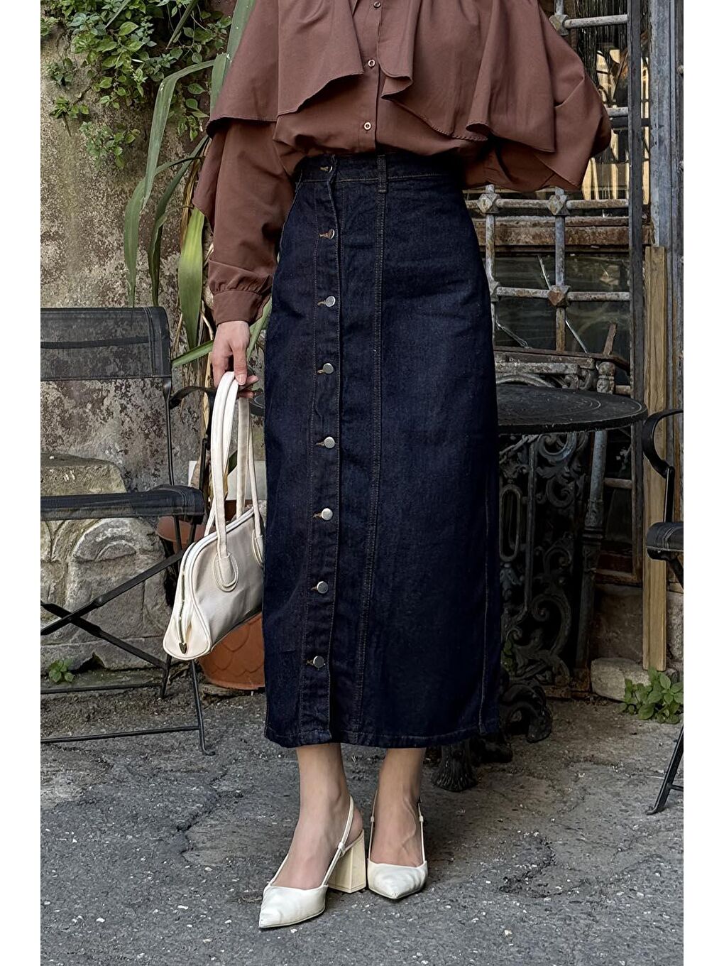 Düğmeli Jean Etek Jean Mavisi