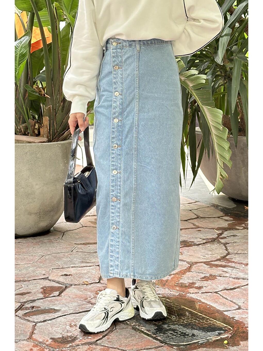 Düğmeli Jean Etek Buz Mavisi-1
