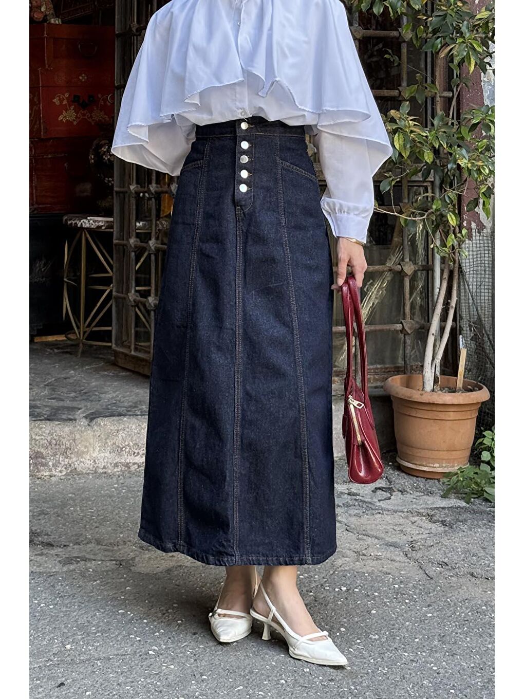 Düğme Detaylı Kuplu Tesettür Jean Etek Jean Mavisi