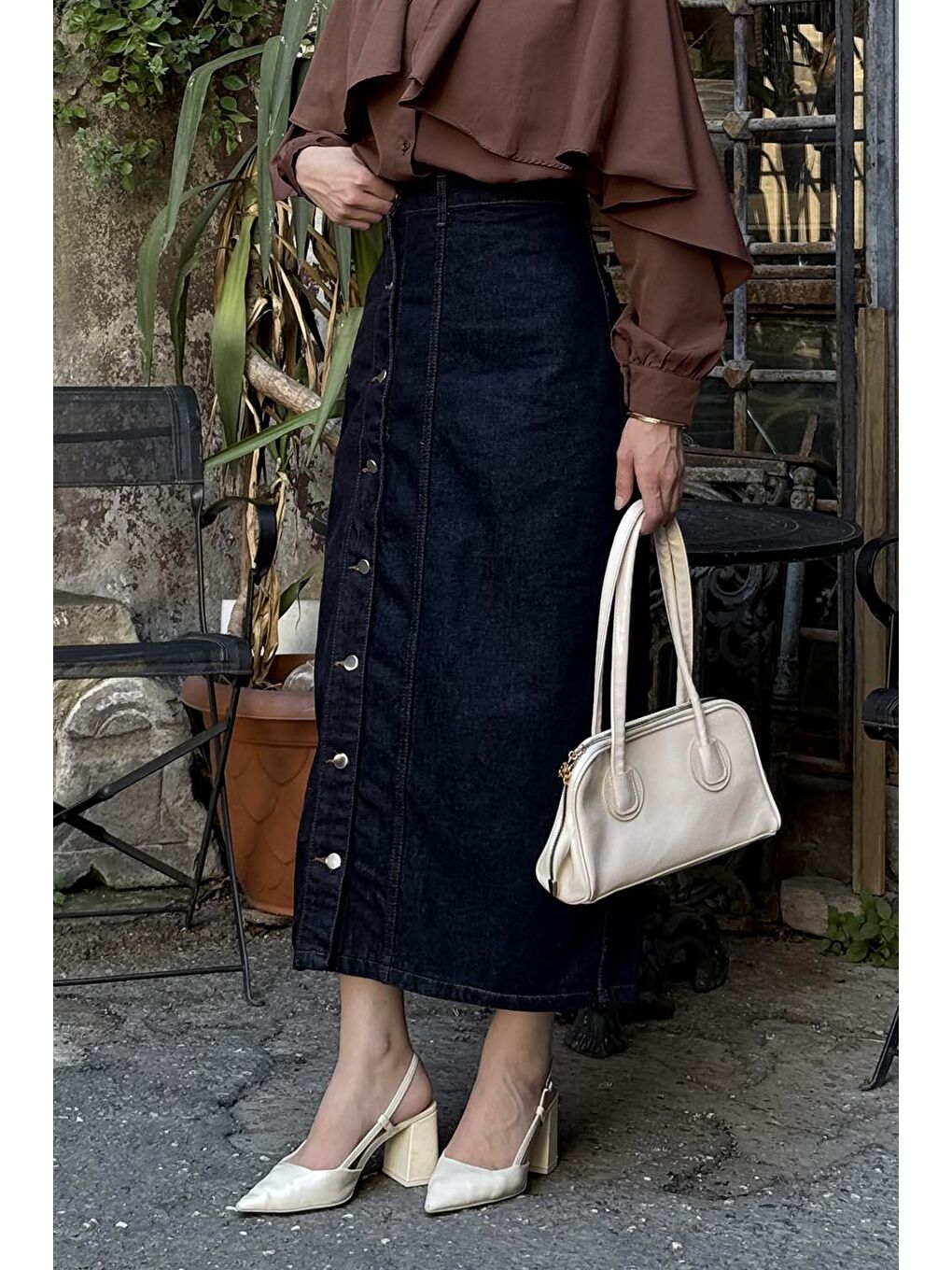 Düğmeli Jean Etek Jean Mavisi-1