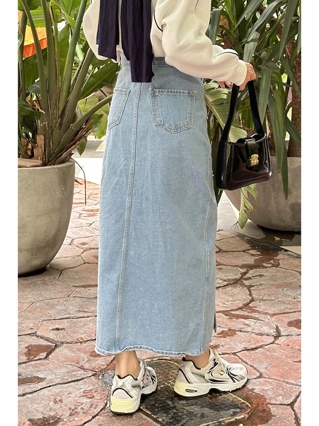 Düğmeli Jean Etek Buz Mavisi-2
