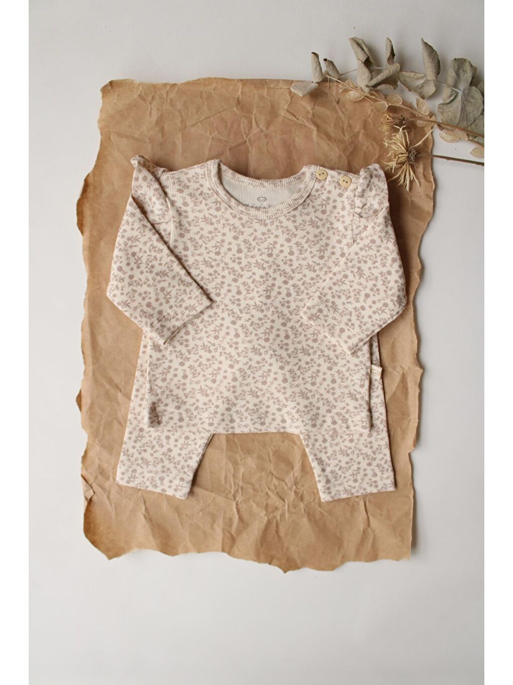 Kahverengi Kahve Çiçek Baskılı Kaşkorse Fırfırlı Alt Üst Takım-4