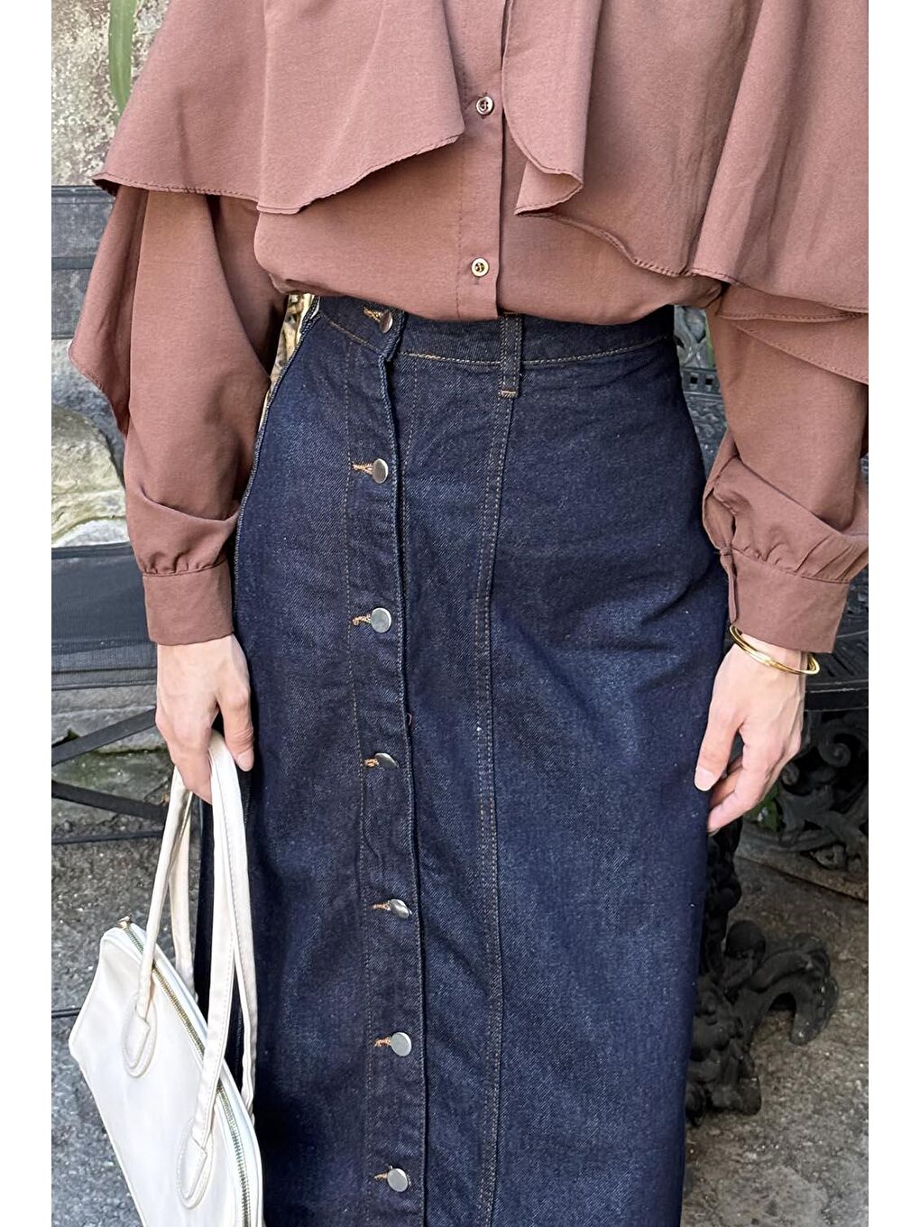 Düğmeli Jean Etek Jean Mavisi-2