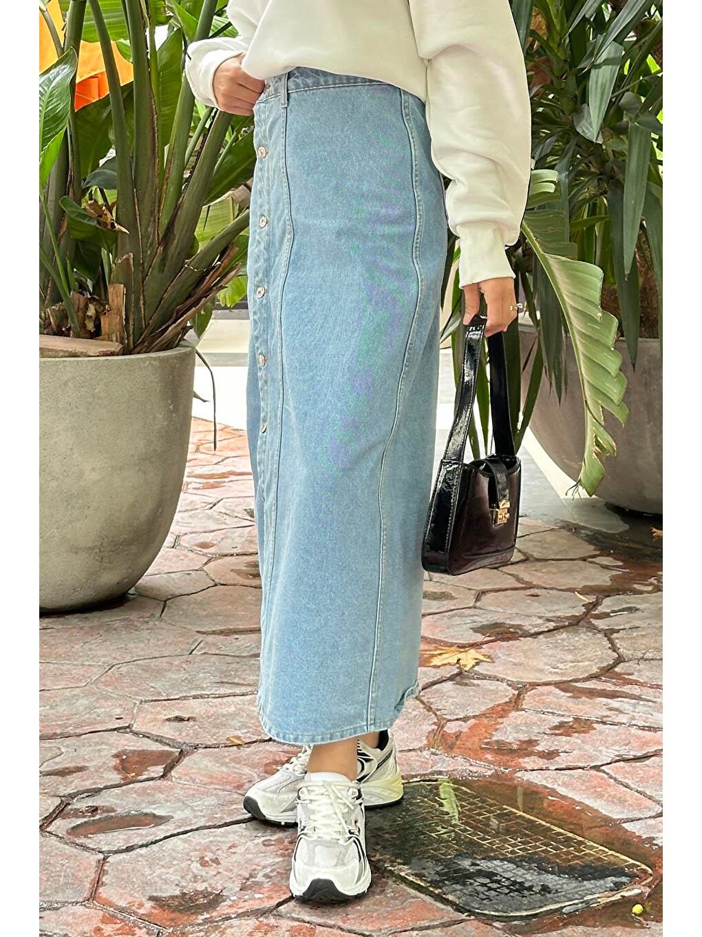 Düğmeli Jean Etek Buz Mavisi-3