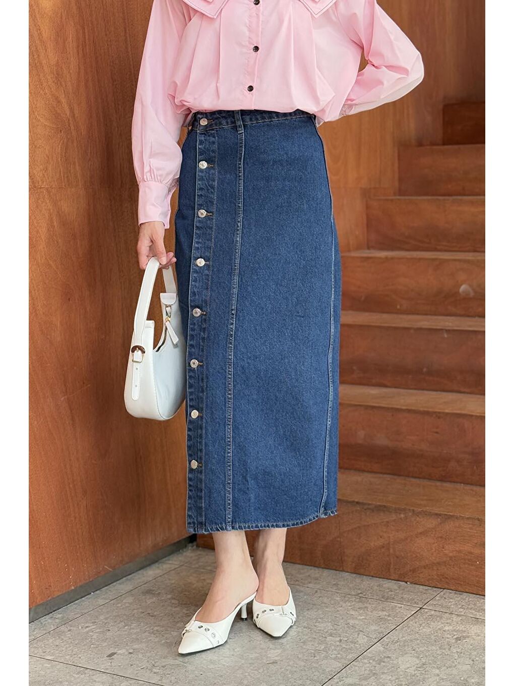 Düğmeli Jean Etek Koyu Mavi