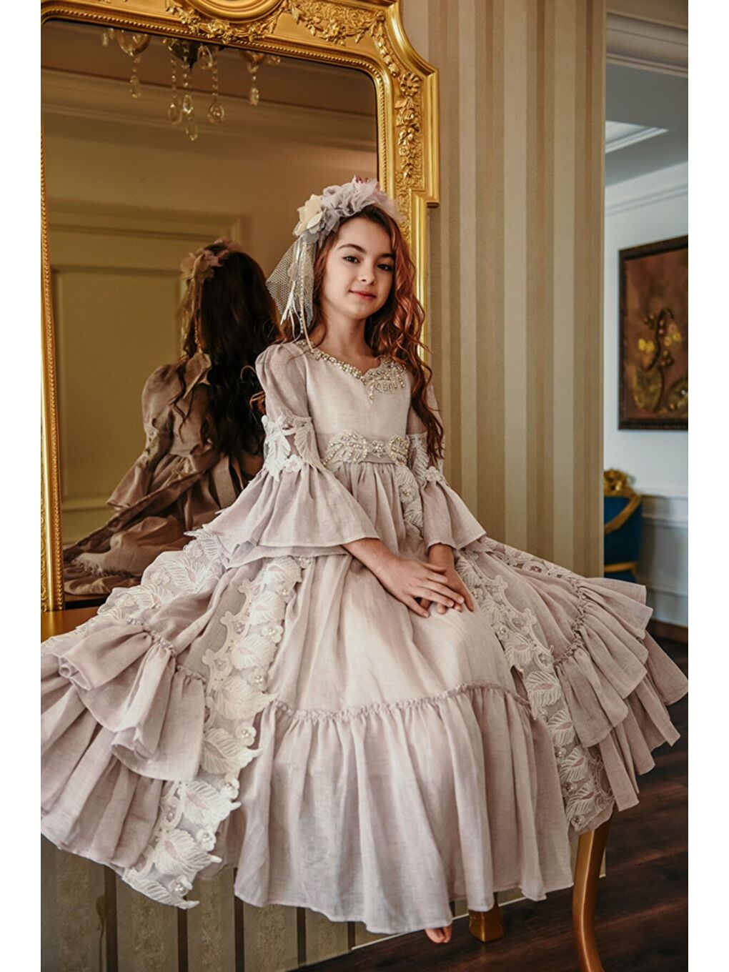 Pembe Özel Tasarım Uzun Kız Çocuk Abiye Elbise, Taç Aksesuarlı, Doğum Günü Elbisesi_M2050-1