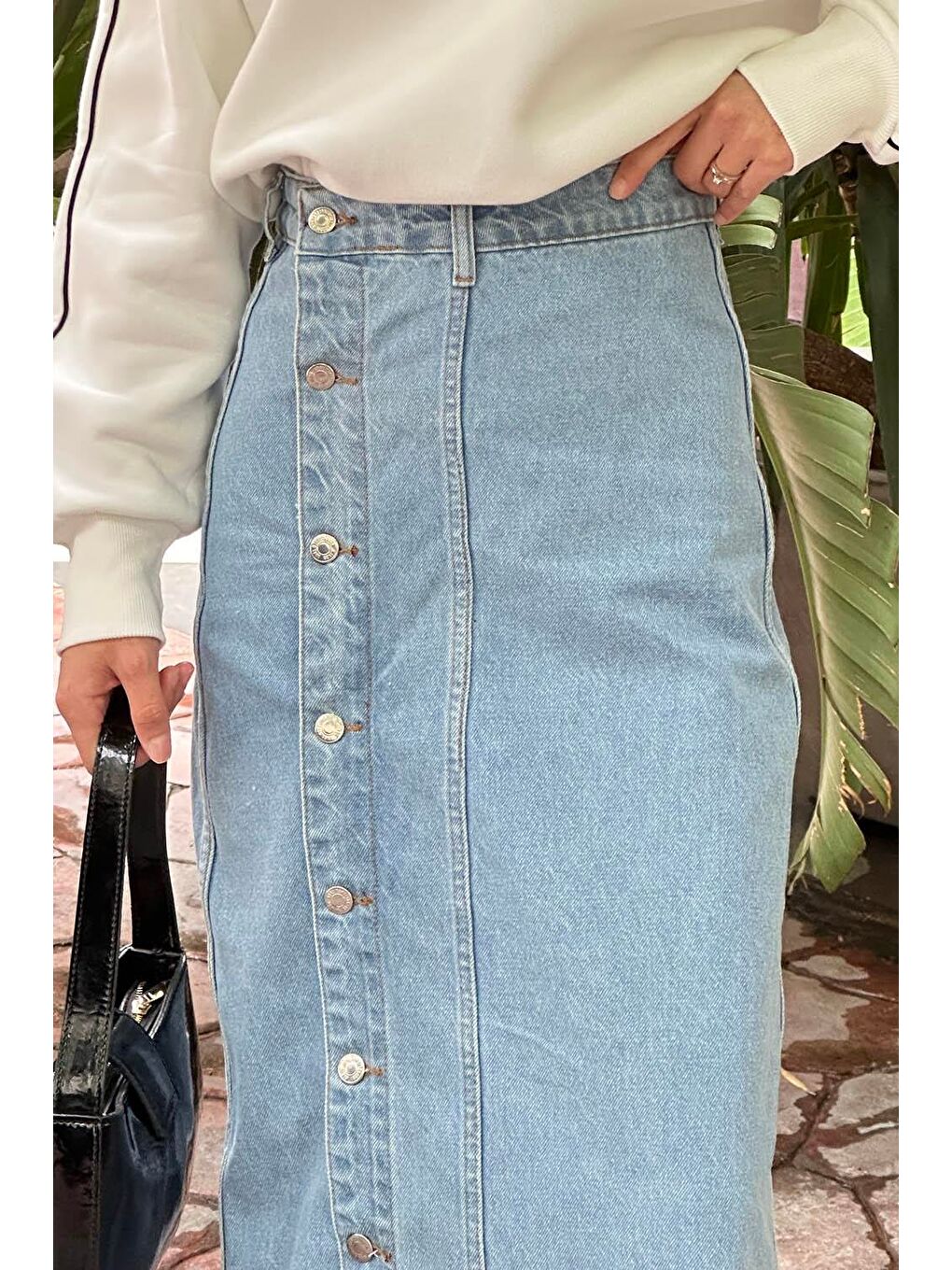 Düğmeli Jean Etek Buz Mavisi-4
