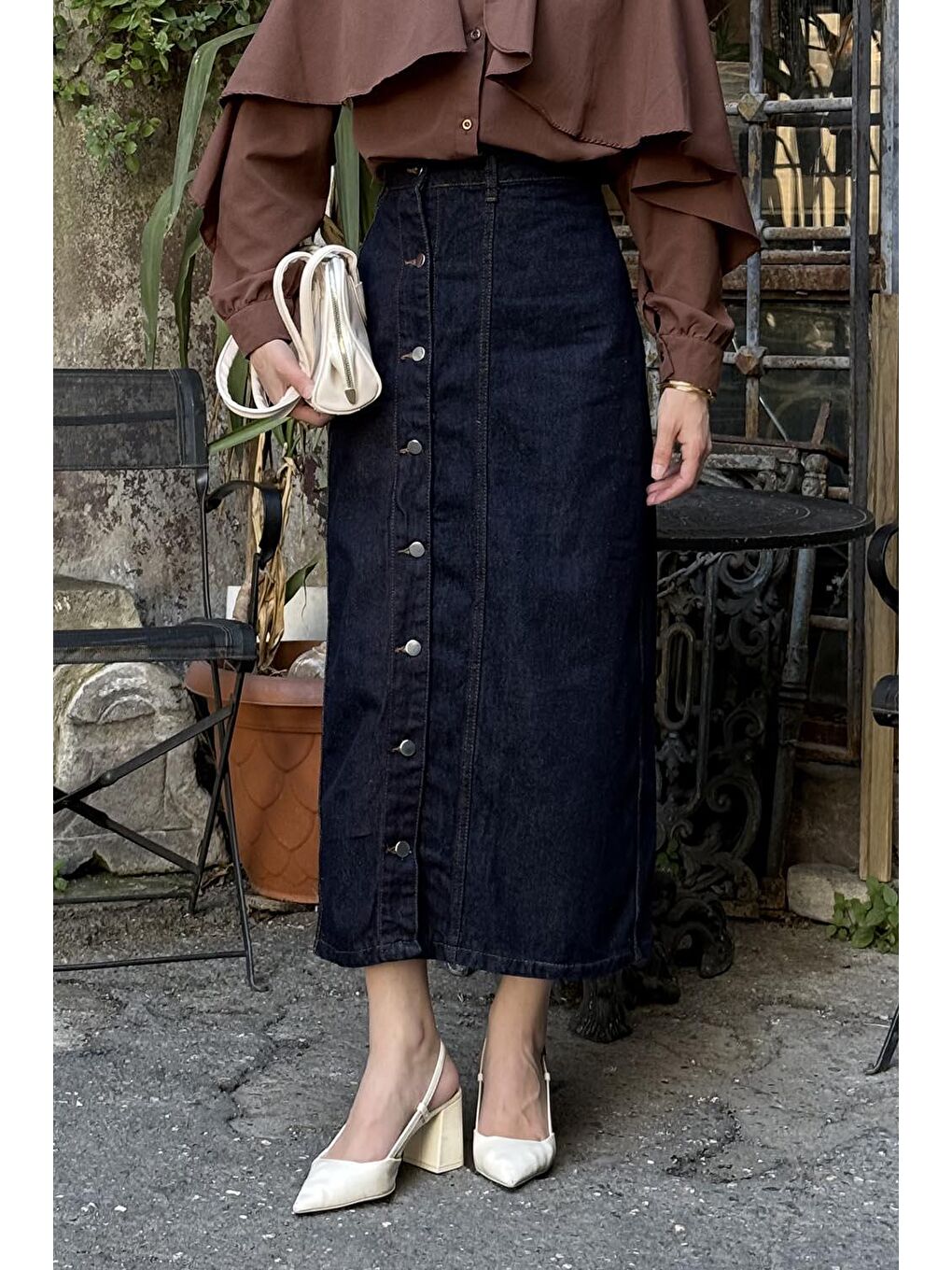 Düğmeli Jean Etek Jean Mavisi-3