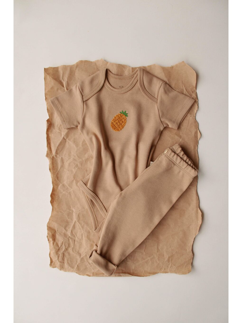 Bej Ananas Nakışlı Kısa Kollu Body Tayt Takım-2