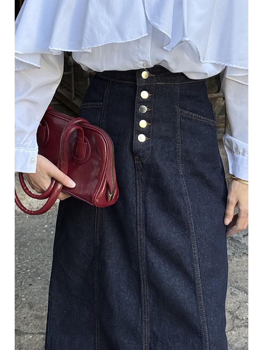 Düğme Detaylı Kuplu Tesettür Jean Etek Jean Mavisi-2