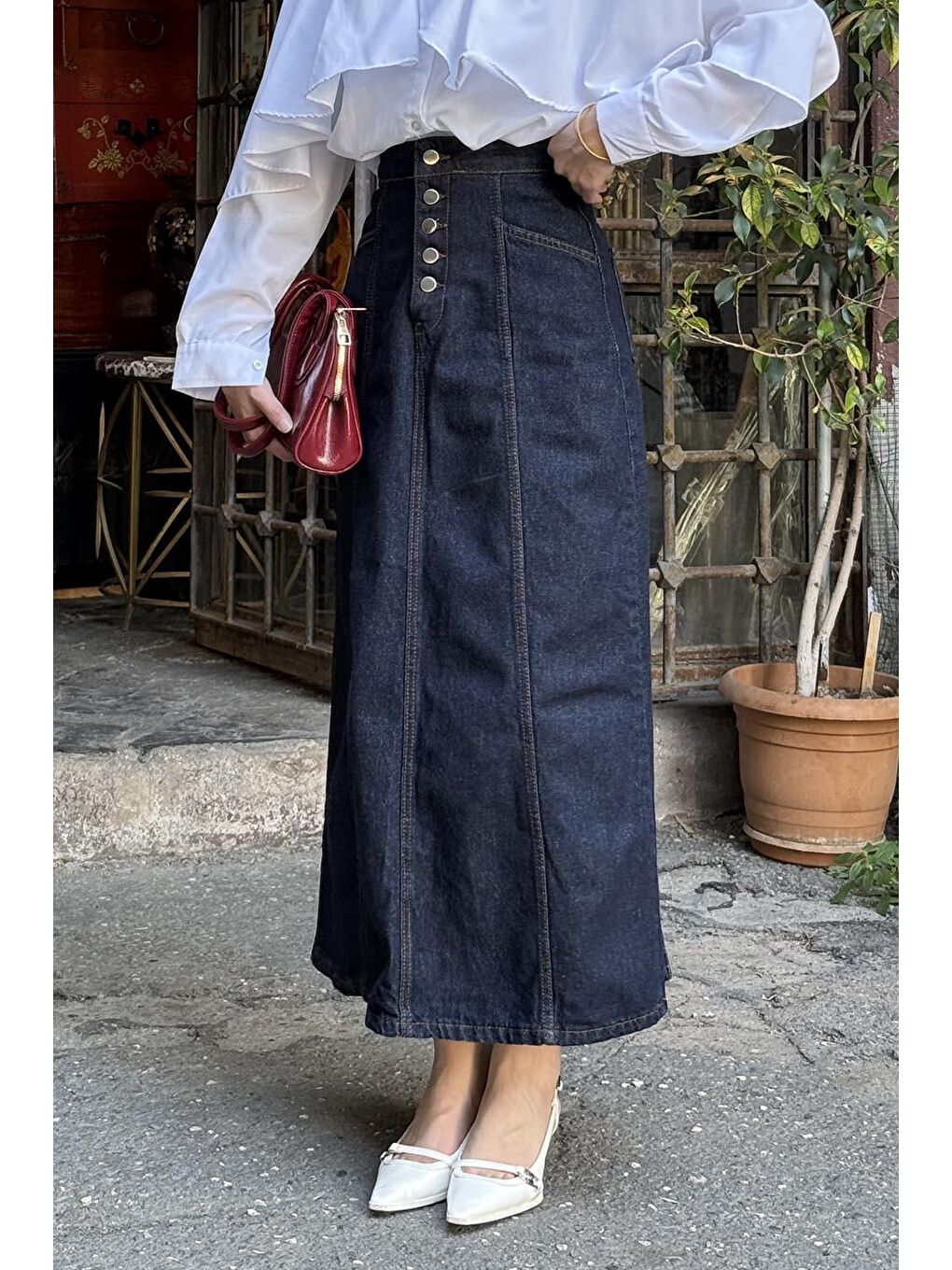 Düğme Detaylı Kuplu Tesettür Jean Etek Jean Mavisi-3