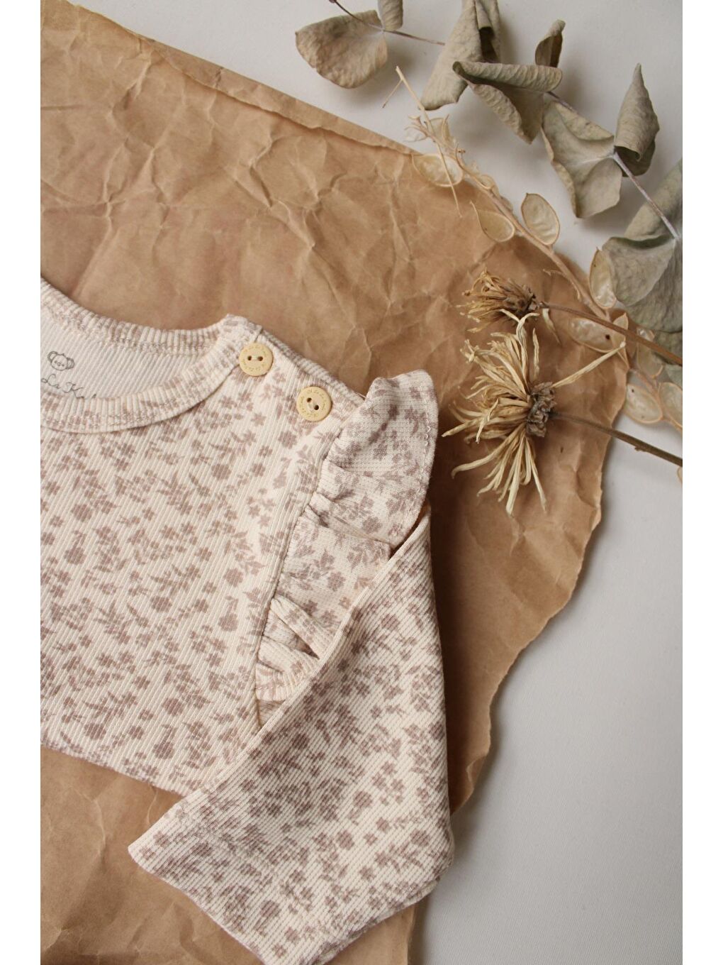 Kahverengi Kahve Çiçek Baskılı Kaşkorse Fırfırlı Alt Üst Takım-7